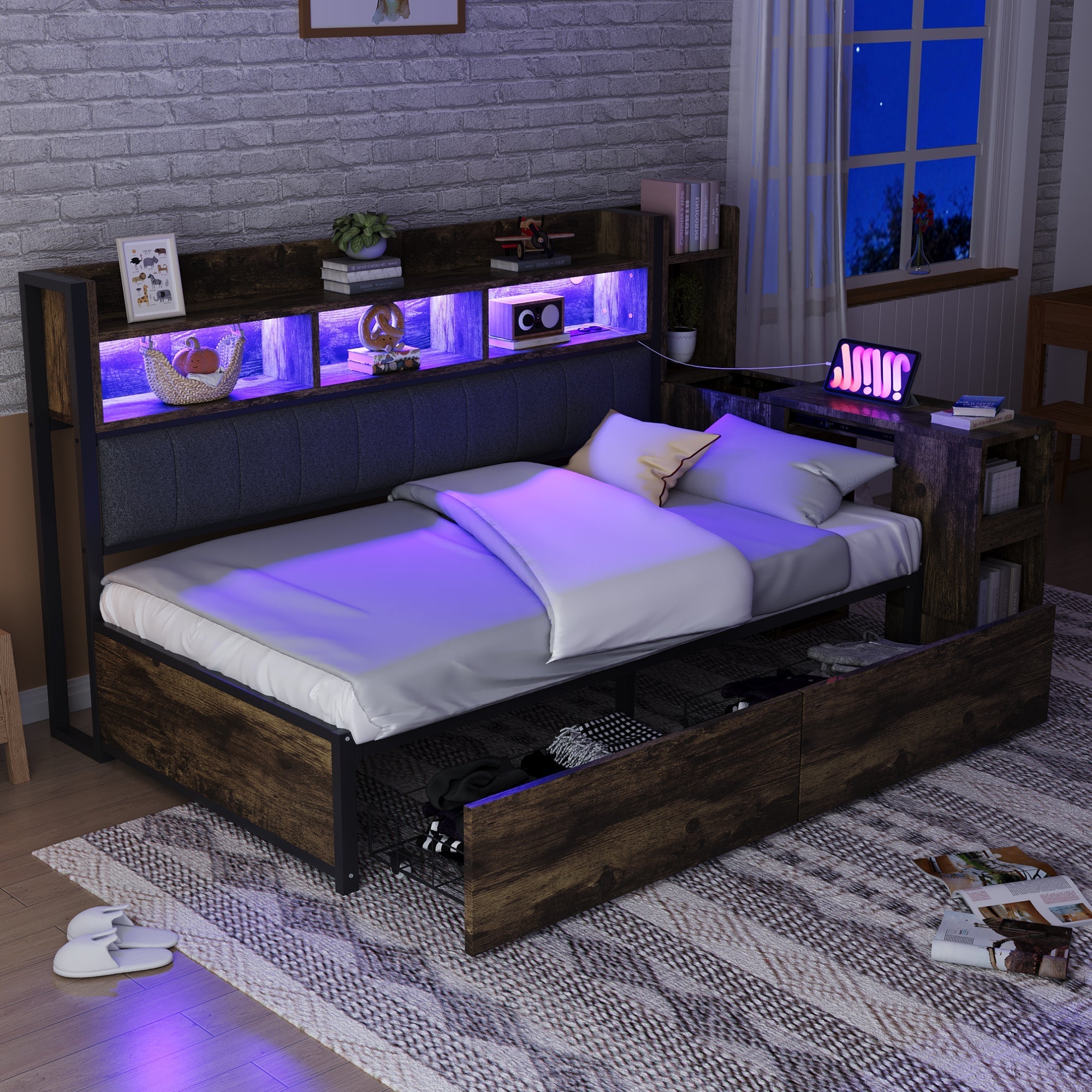 Single Bed with Movable Desk, Storage Drawers and Integrated Outlets, Metal