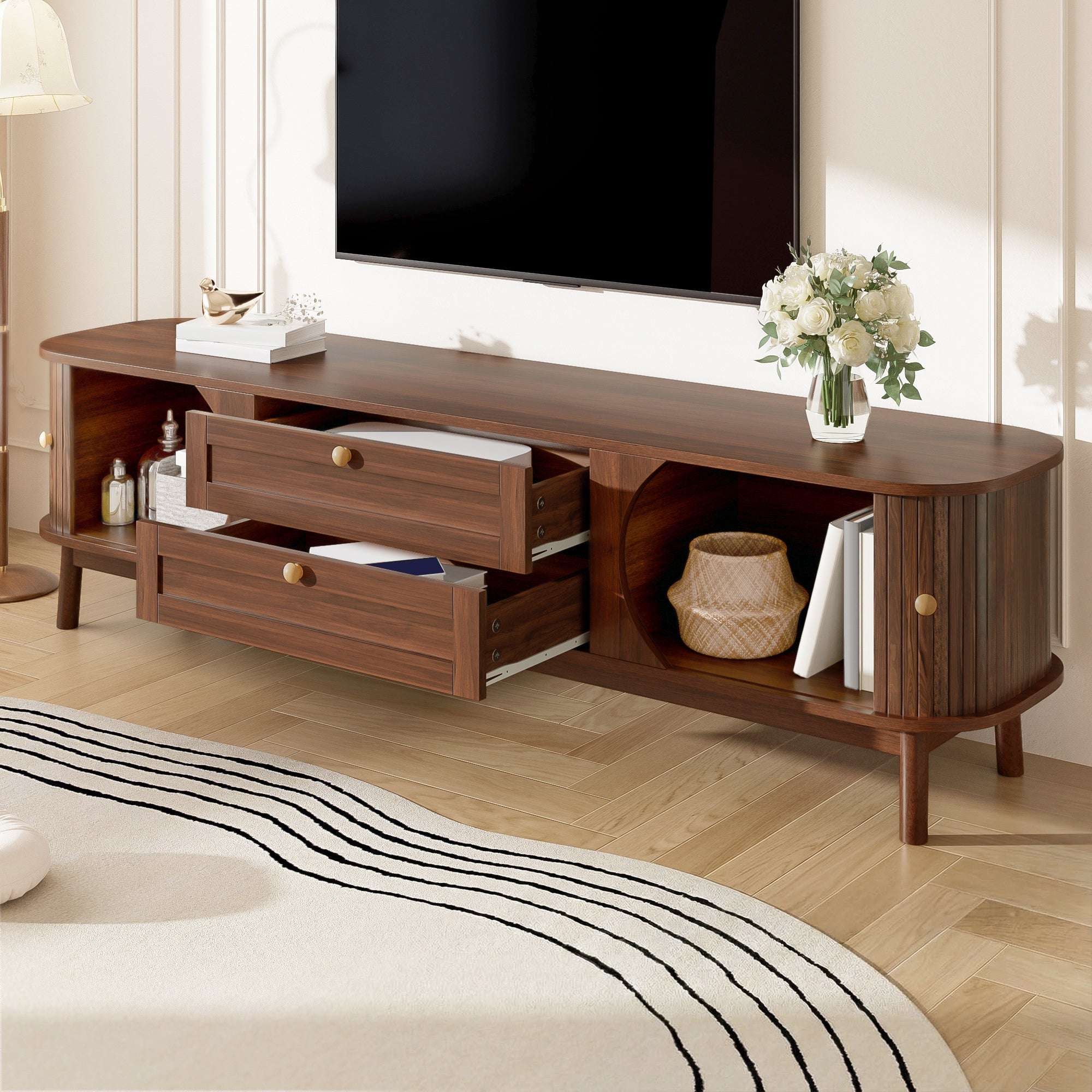 Modern TV Cabinet with Drawers, Storage, & Rounded Corners, Wood Look