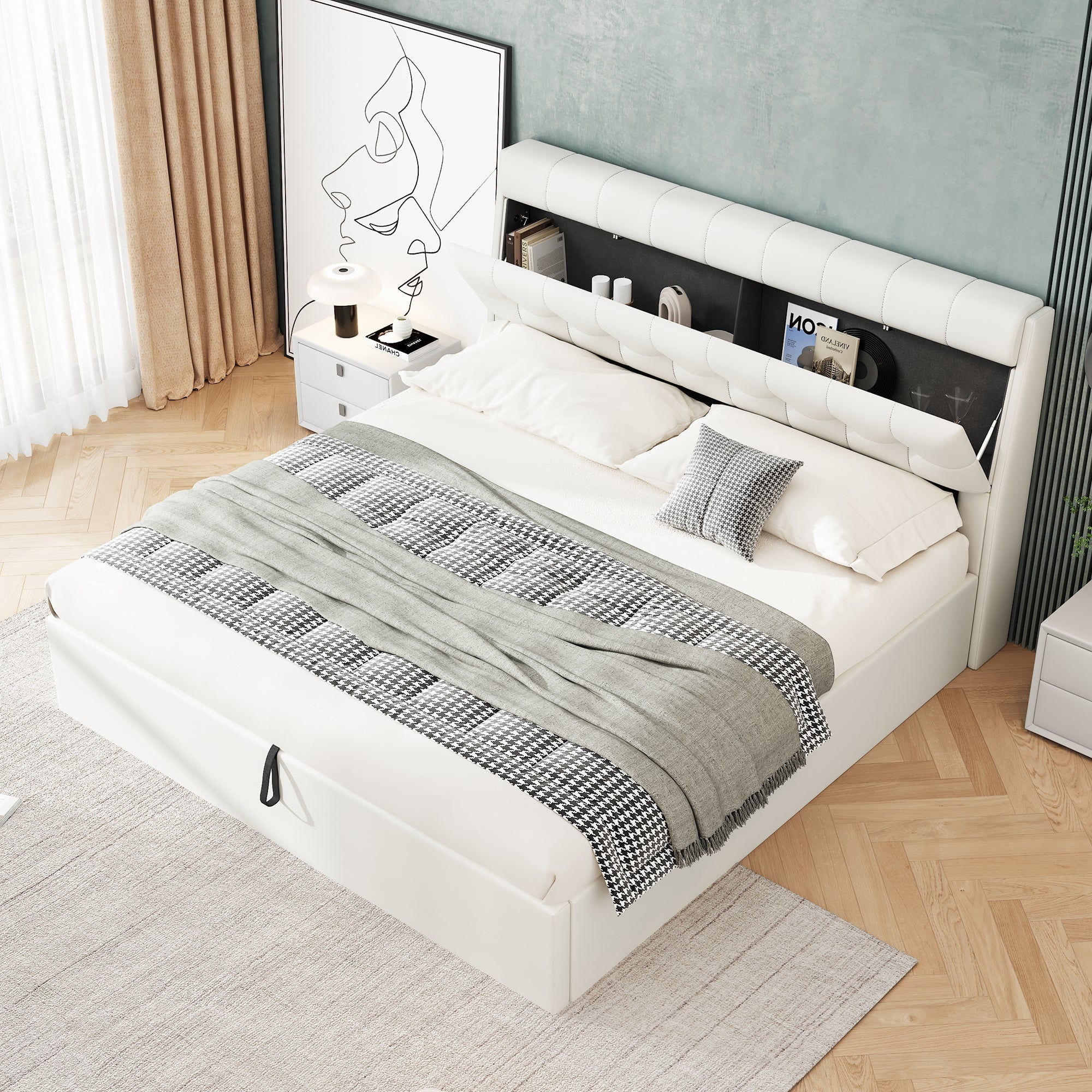 Upholstered Bed 140x190cm Hydraulic Storage Hidden Headboard Storage - PU White