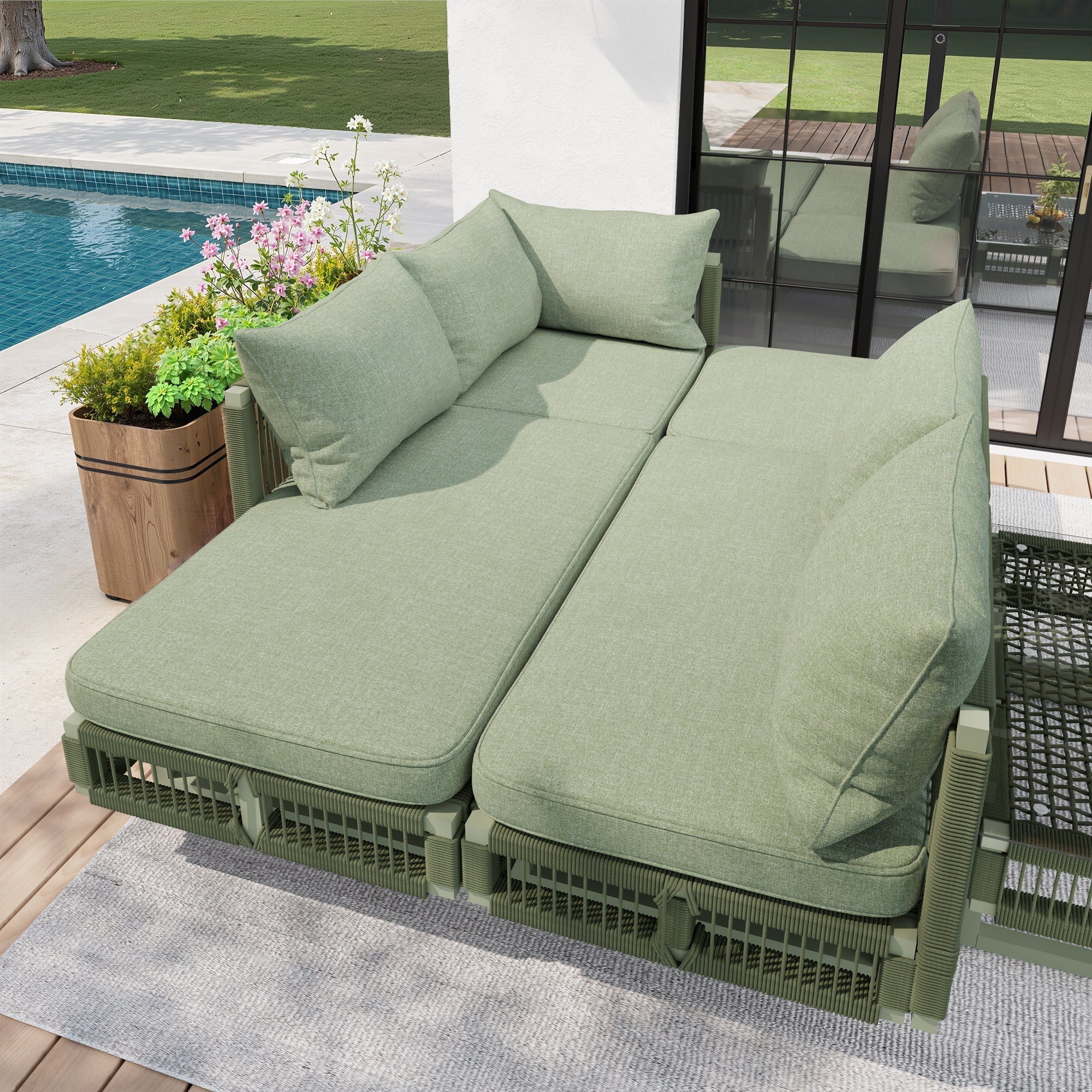 Outdoor Seating Group with Rope Weave, Adjustable Feet and Glass Coffee Table, Beige/Green