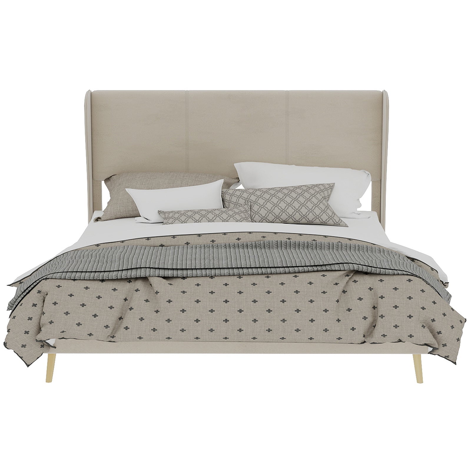 Modern Minimalist Upholstered Bed with Plush Headboard, 160x200 cm, Beige, Multifunctional Bedroom Furniture, Low-Profile Non-Storage Base (Without Gas Lift), Mattress Excluded.
