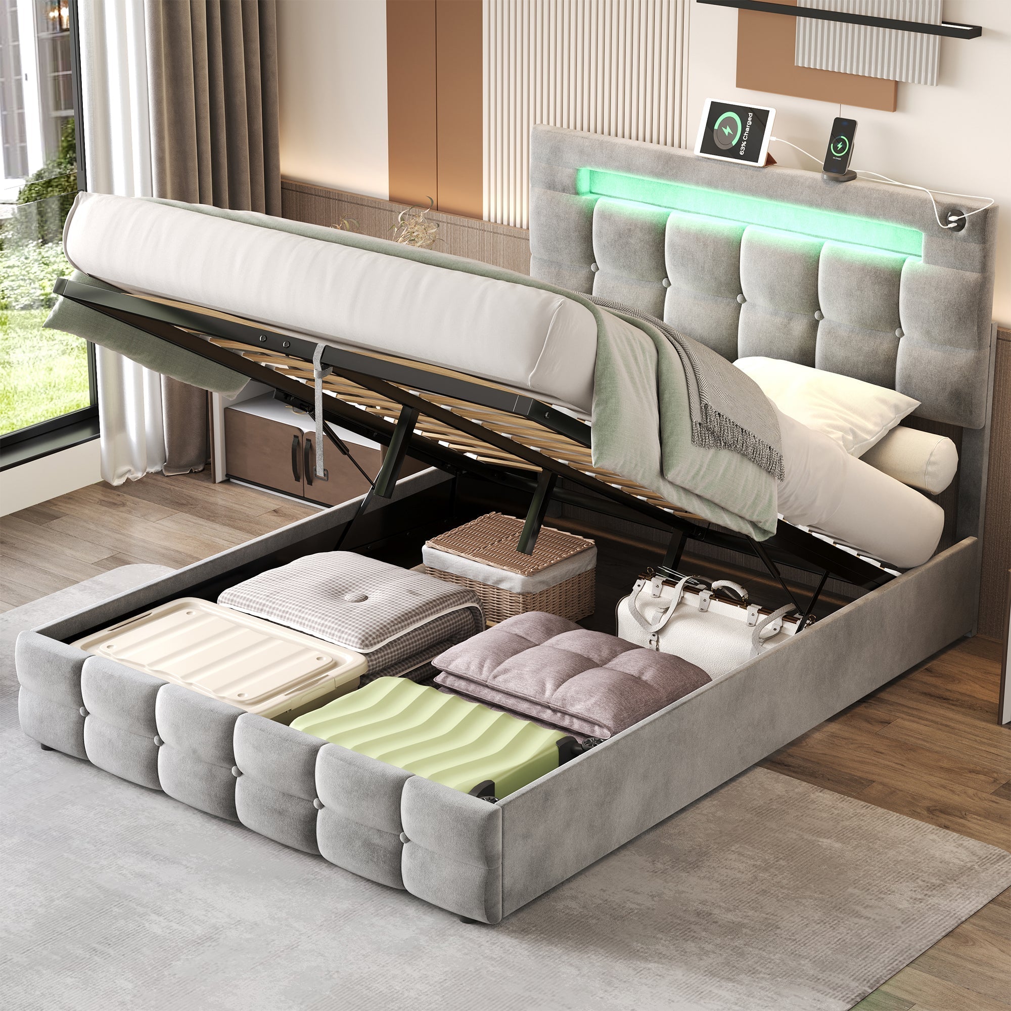 4ft6 Double Upholstered Bed Frame with Hydraulic Storage, Velvet Ottoman Bed with LED Lighting and Charging Station, Adjustable Button Tufted Headboard, Grey