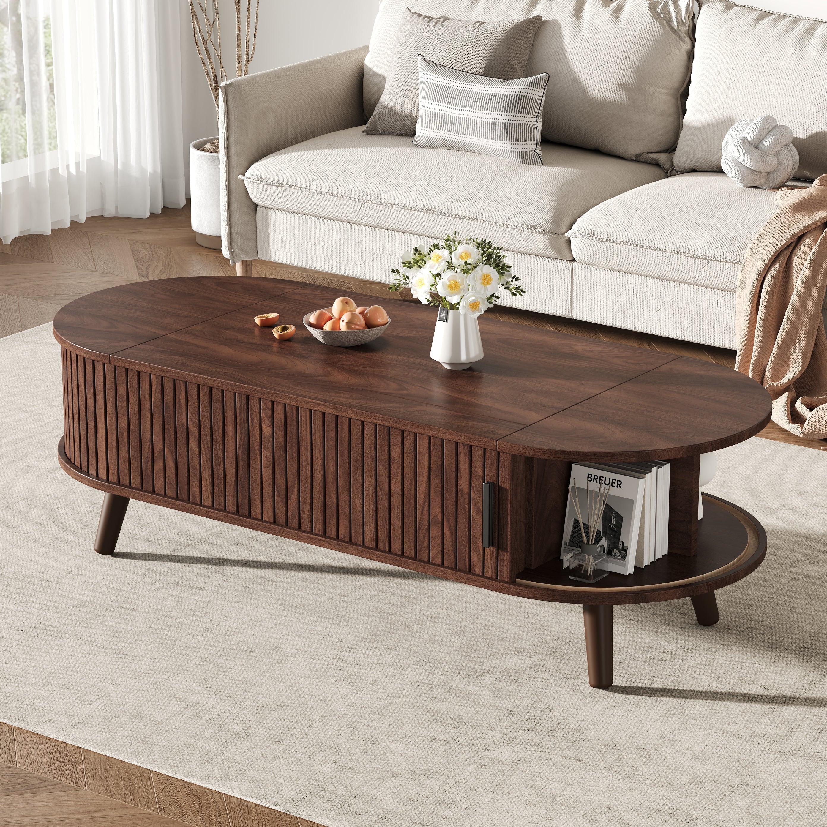 Coffee Table, Liftable with Hidden Storage & 5 Shelves, Walnut