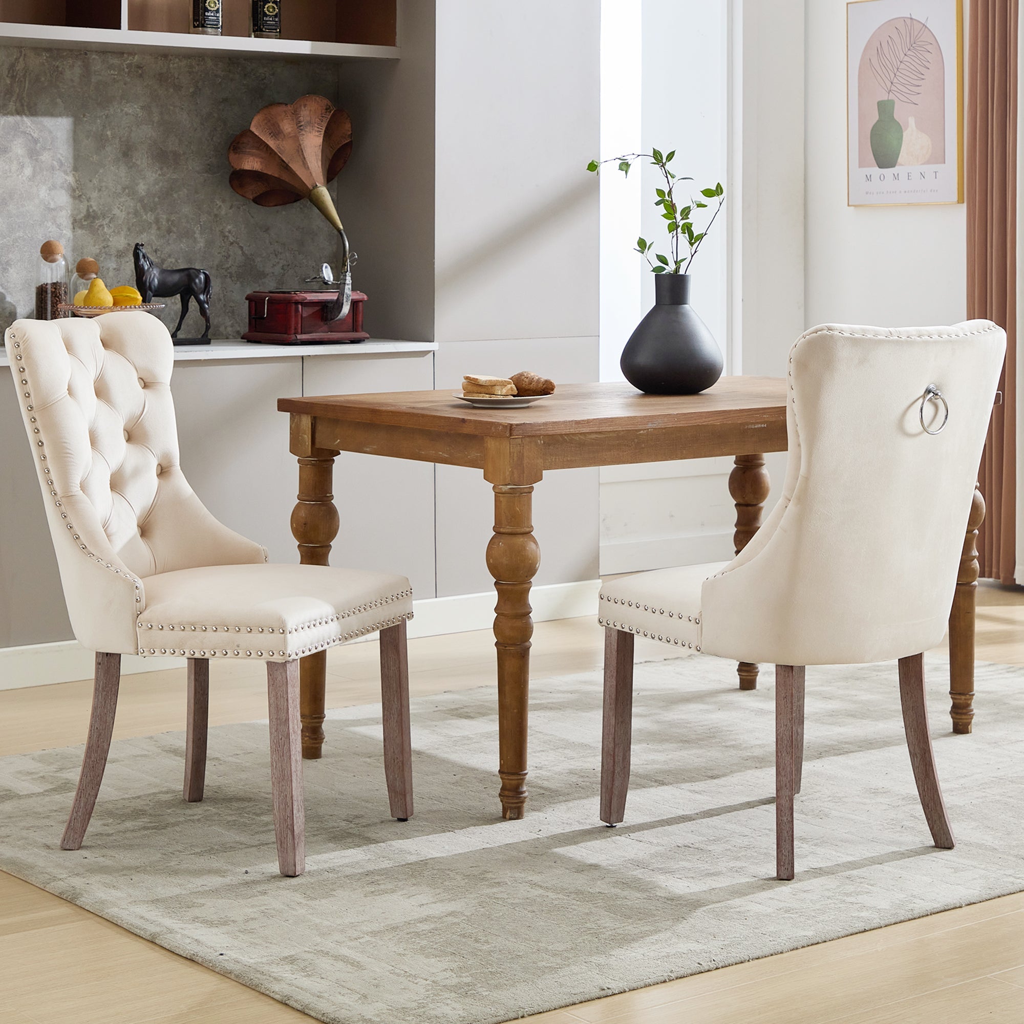 Modern Set of 6 Upholstered Velvet Dining Chairs, Button Tufted with Brushed Wood Legs, Riveted Trim, and Knocker Ring, Beige