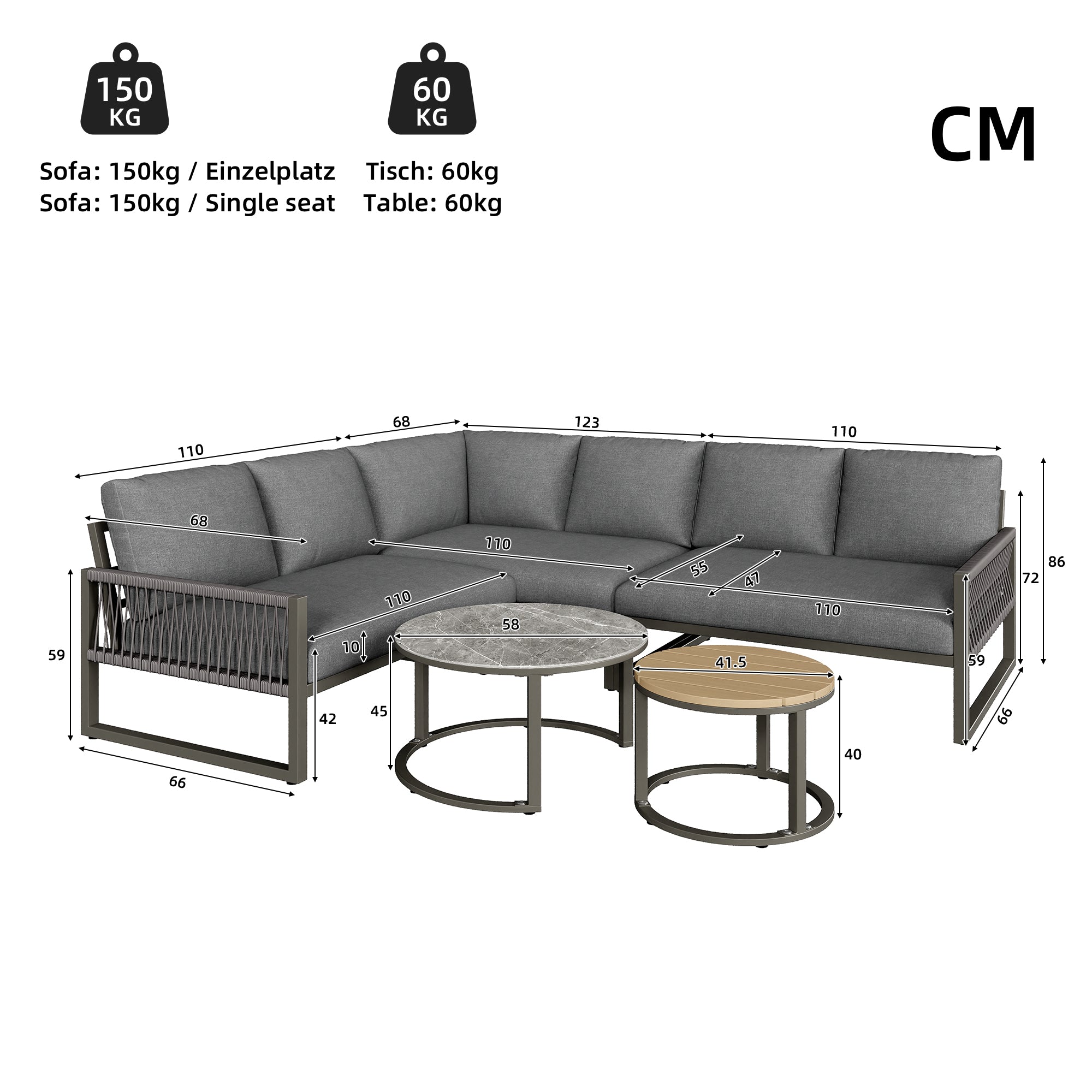 Garden Lounge Set Corner Sofa 6-7 Seater Adjustable Legs - Grey