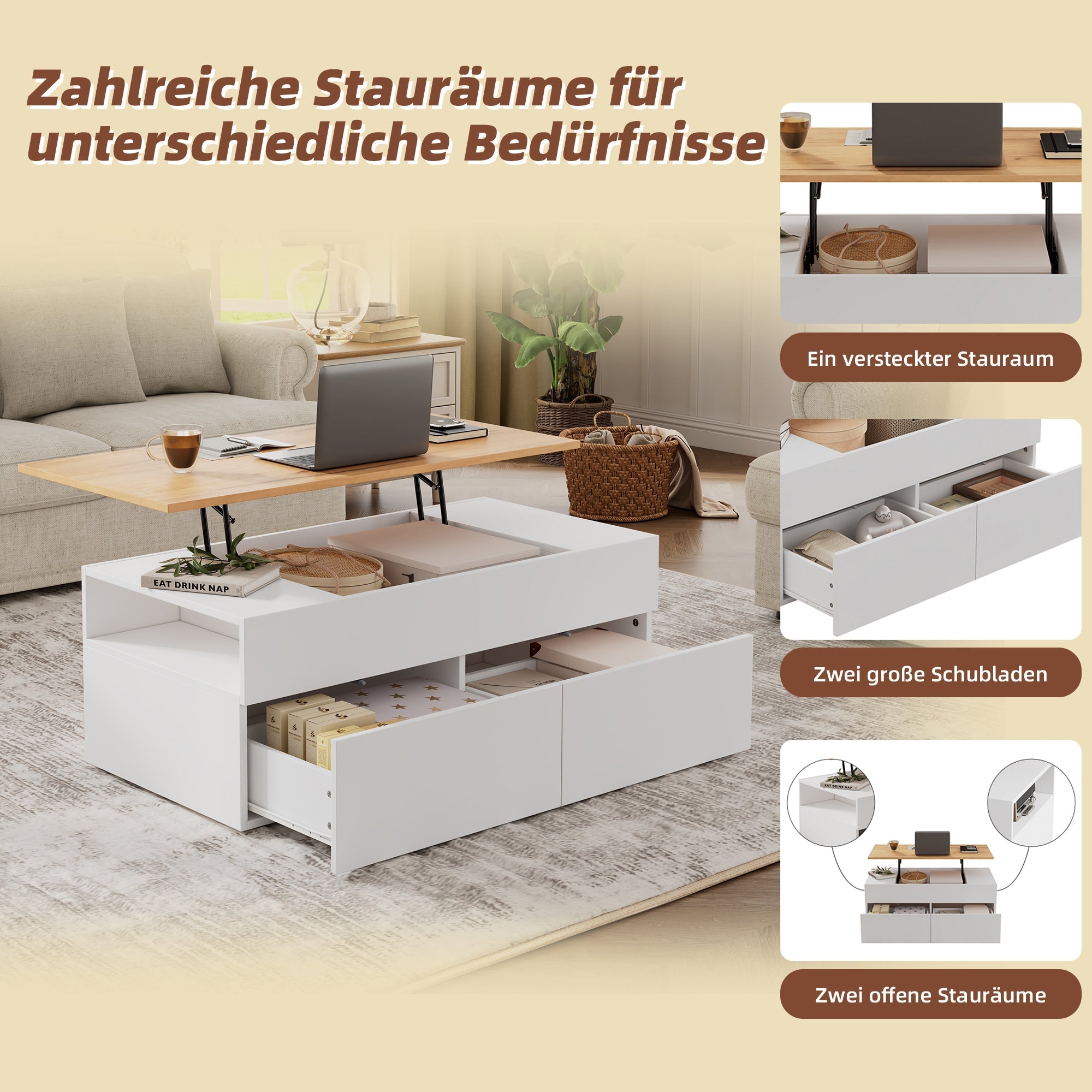 Coffee table height-adjustable with hidden storage, 2 drawers, white + wood color