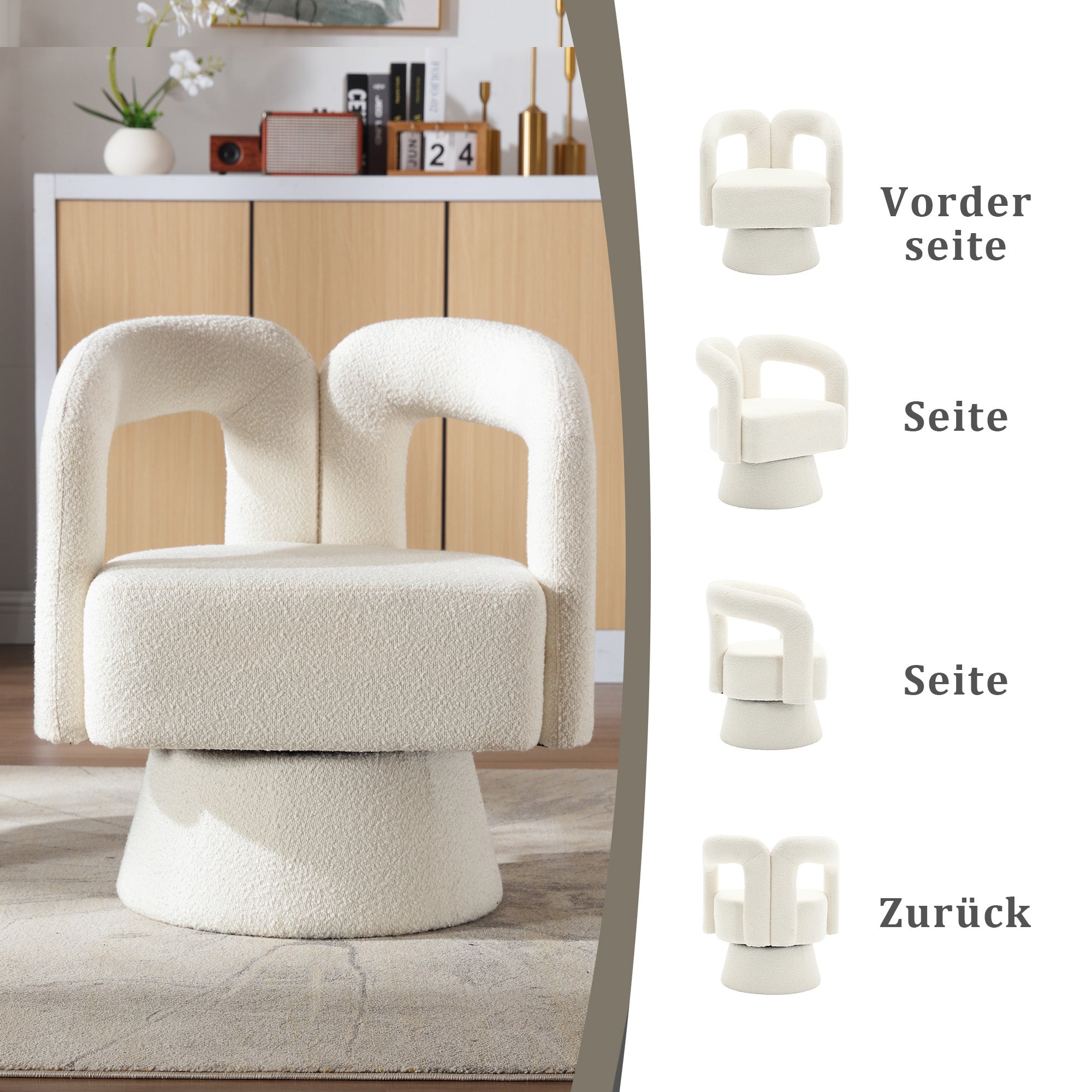 Swivel Barrel Armchair 360° Round Fluffy Fabric, Beige