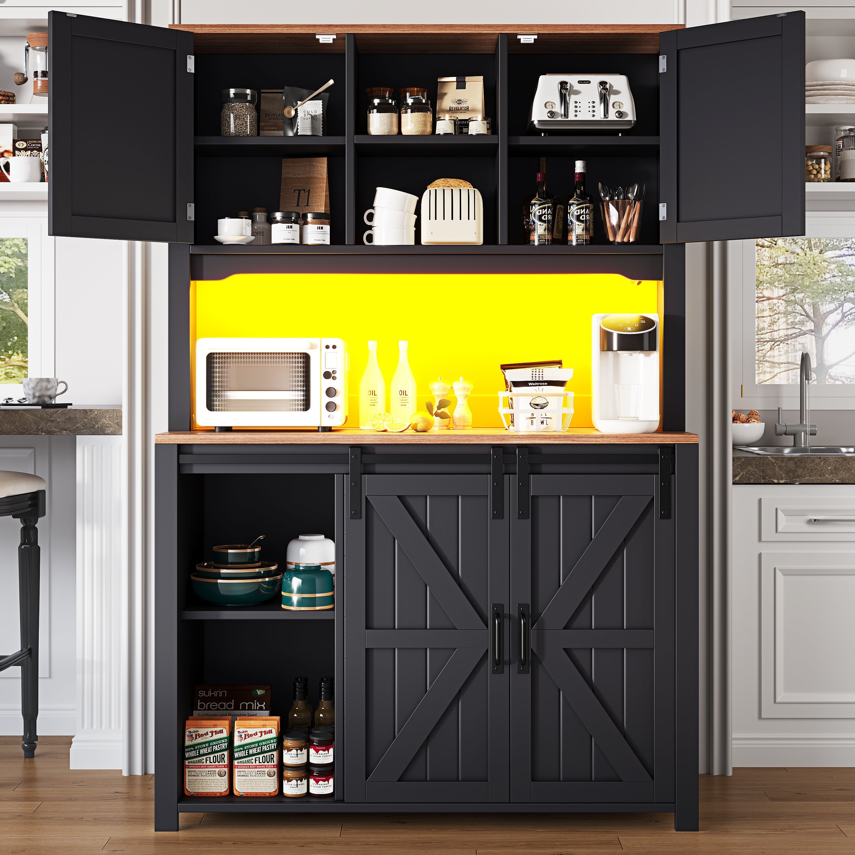 Tall Kitchen Sideboard 115x40x175cm Sliding Doors LED - Black/White
