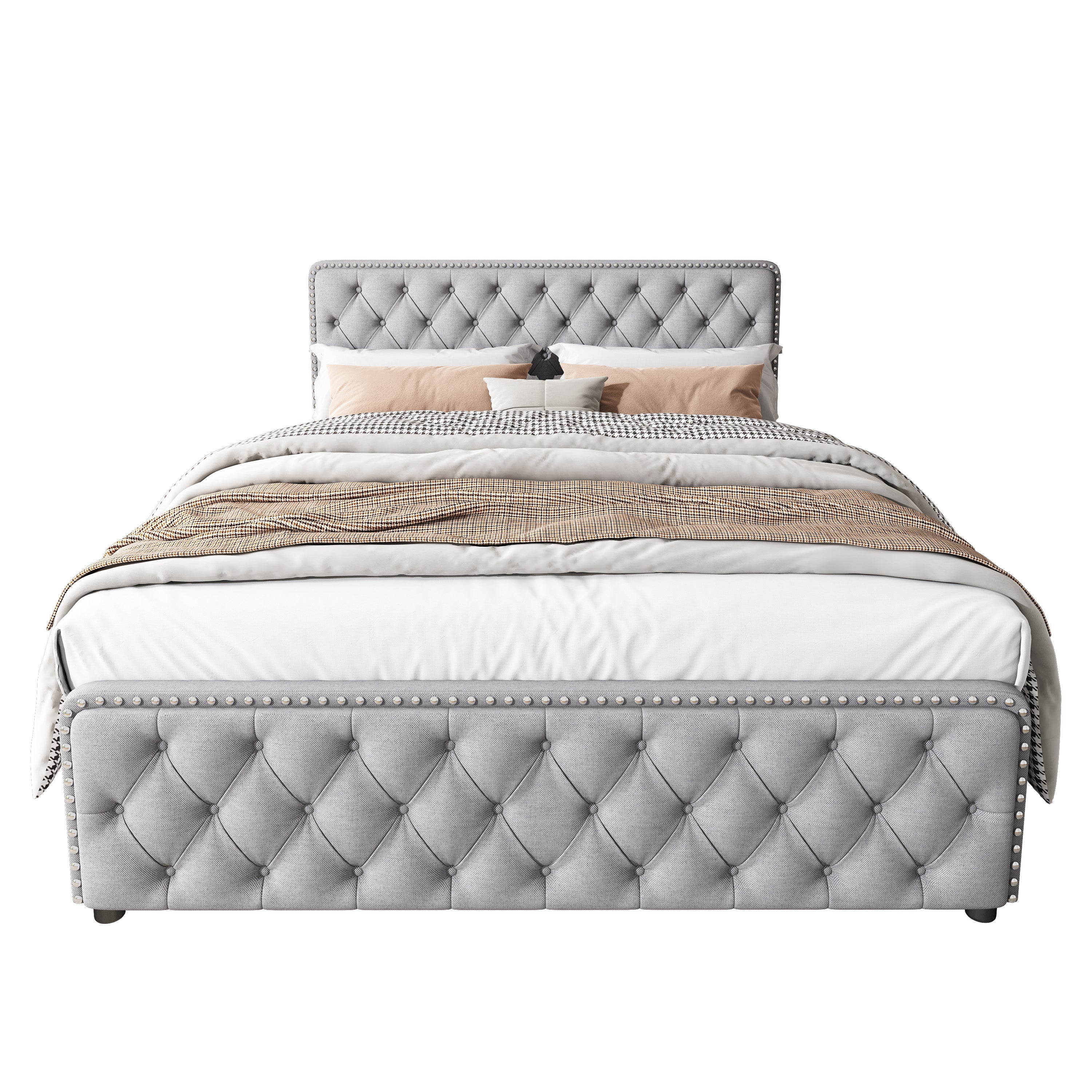 Upholstered Double Bed with 4 Drawers and Height-Adjustable Headboard, 140x190cm, Light Grey Linen