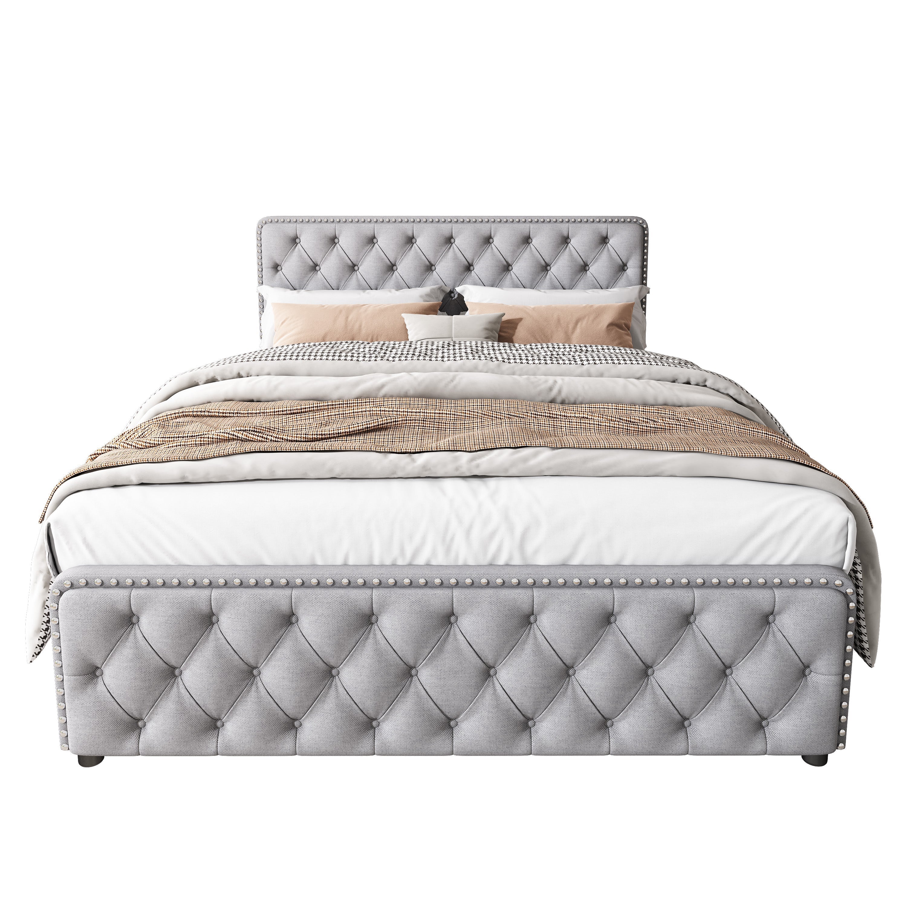 Upholstered Double Bed with 4 Drawers and Height-Adjustable Headboard, 140x190cm, Light Grey Linen