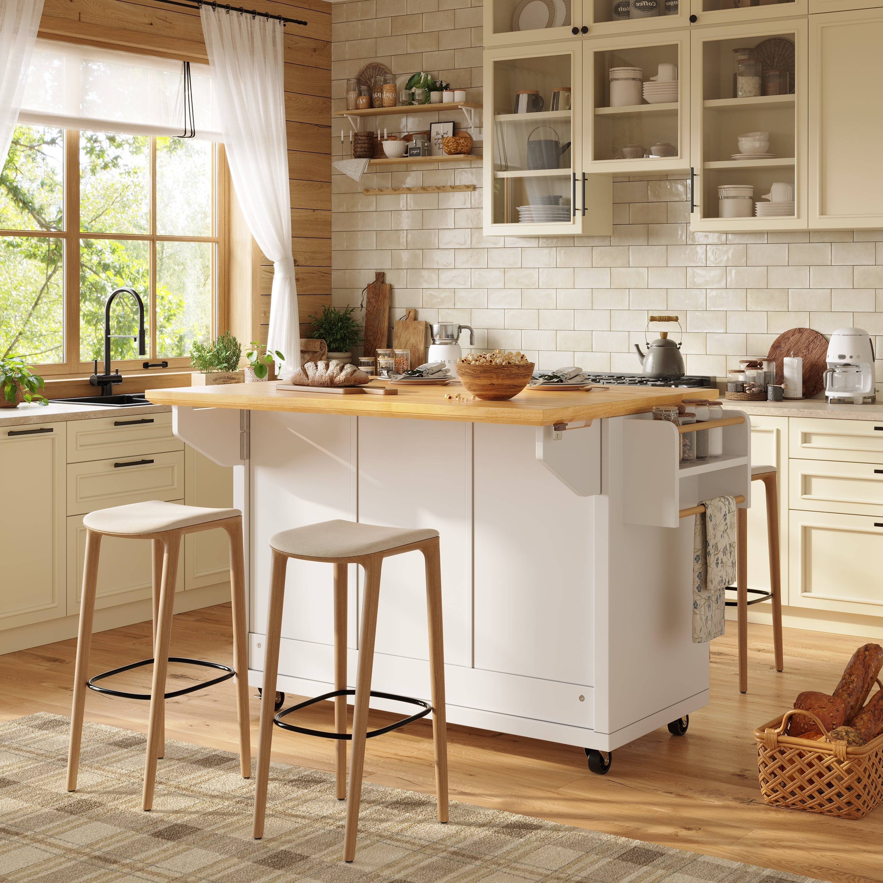 Kitchen Island Extendable Trolley 5 Drawers Towel/Spice Rack - White/Black