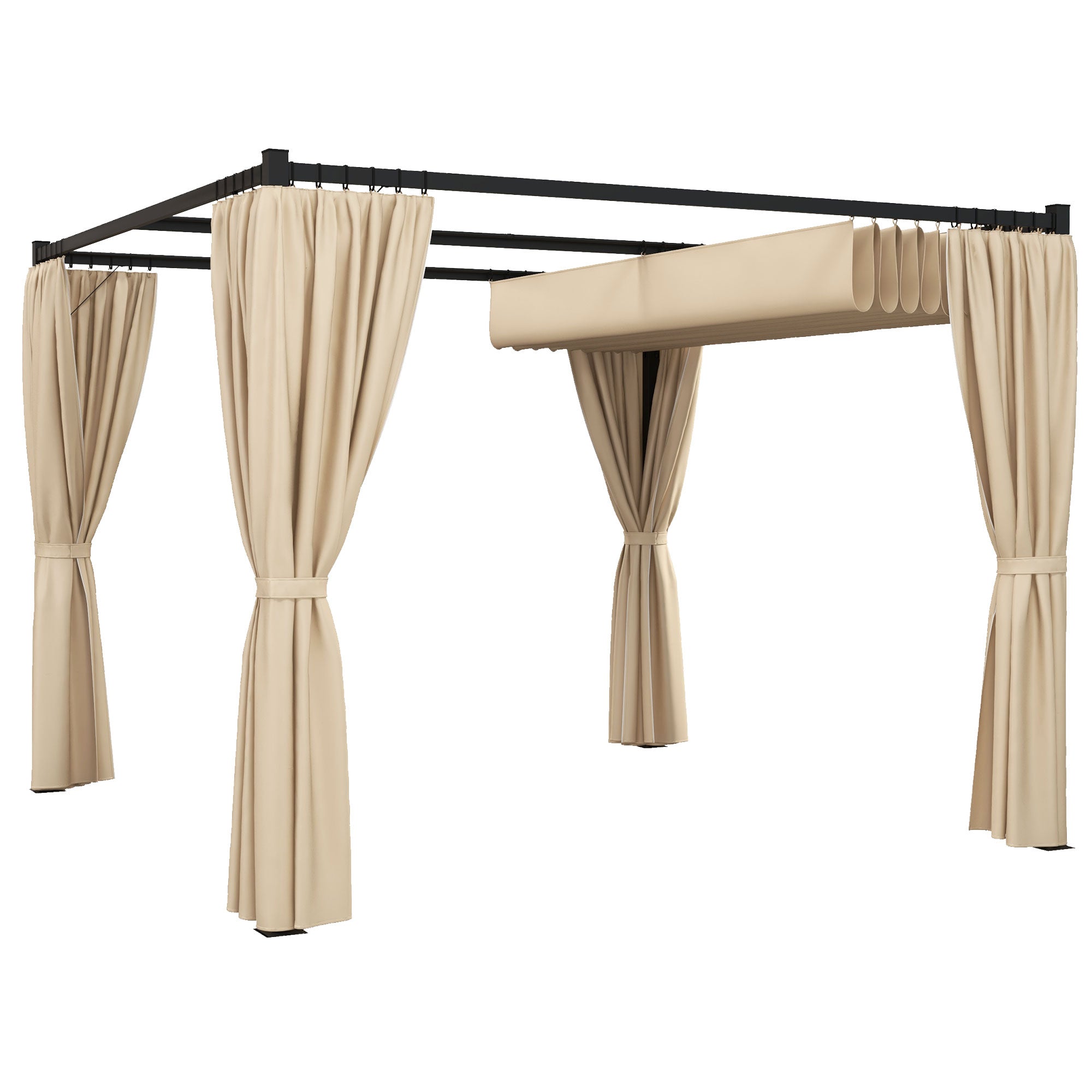 Retractable Pergola 3x3m Garden Gazebo Shelter with Curtains, Beige