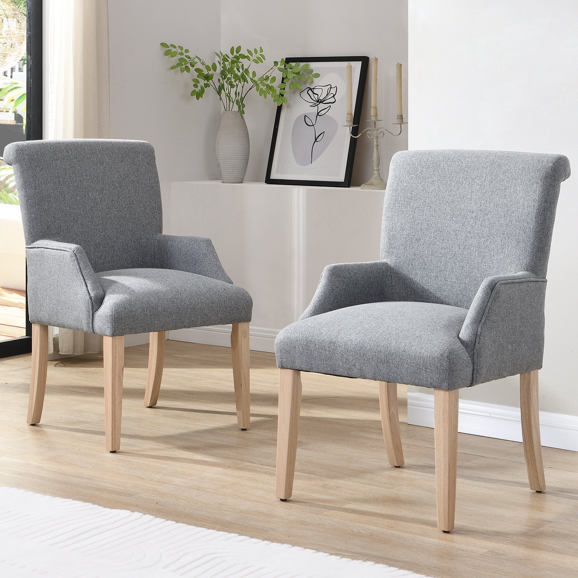 DyFun Dining Chairs Set of 2 with Armrests and Solid Wood Legs, Gray Linen