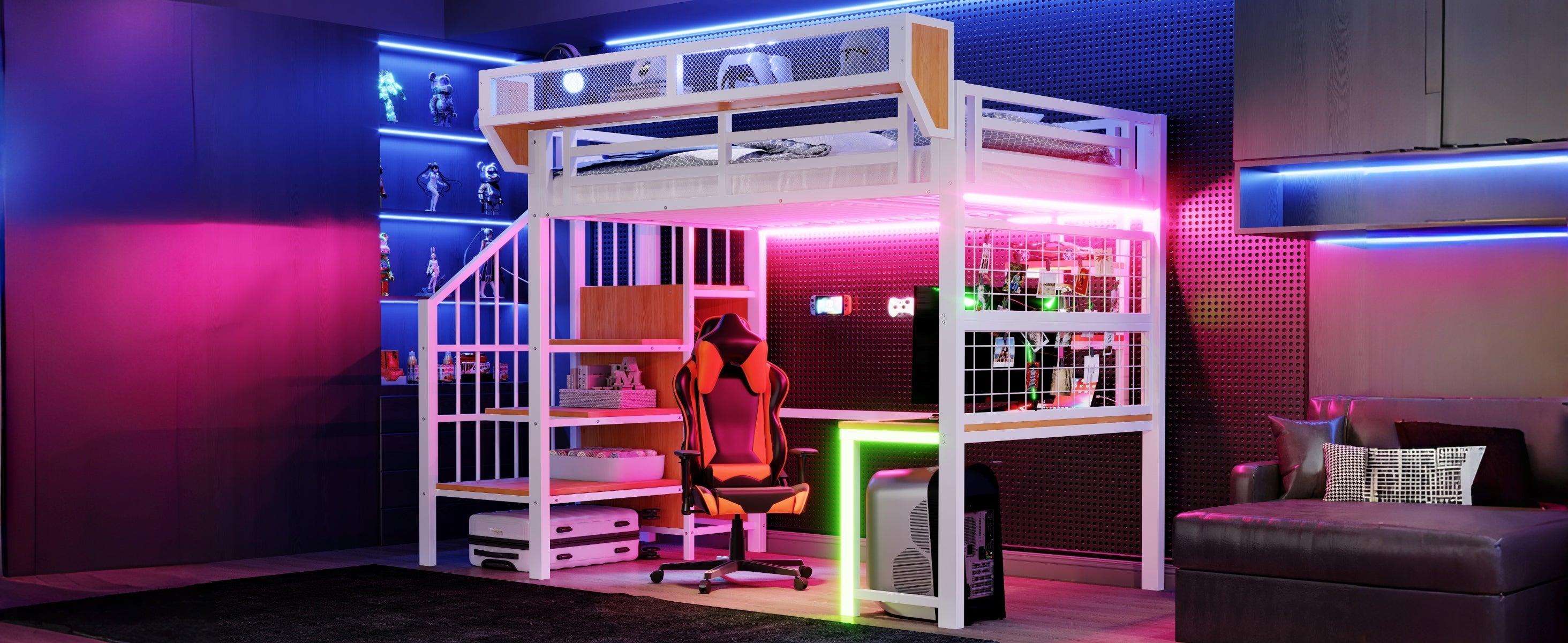 Metal Loft Bed with Desk, Shelf, LED and Socket, 90x200cm, White Metal