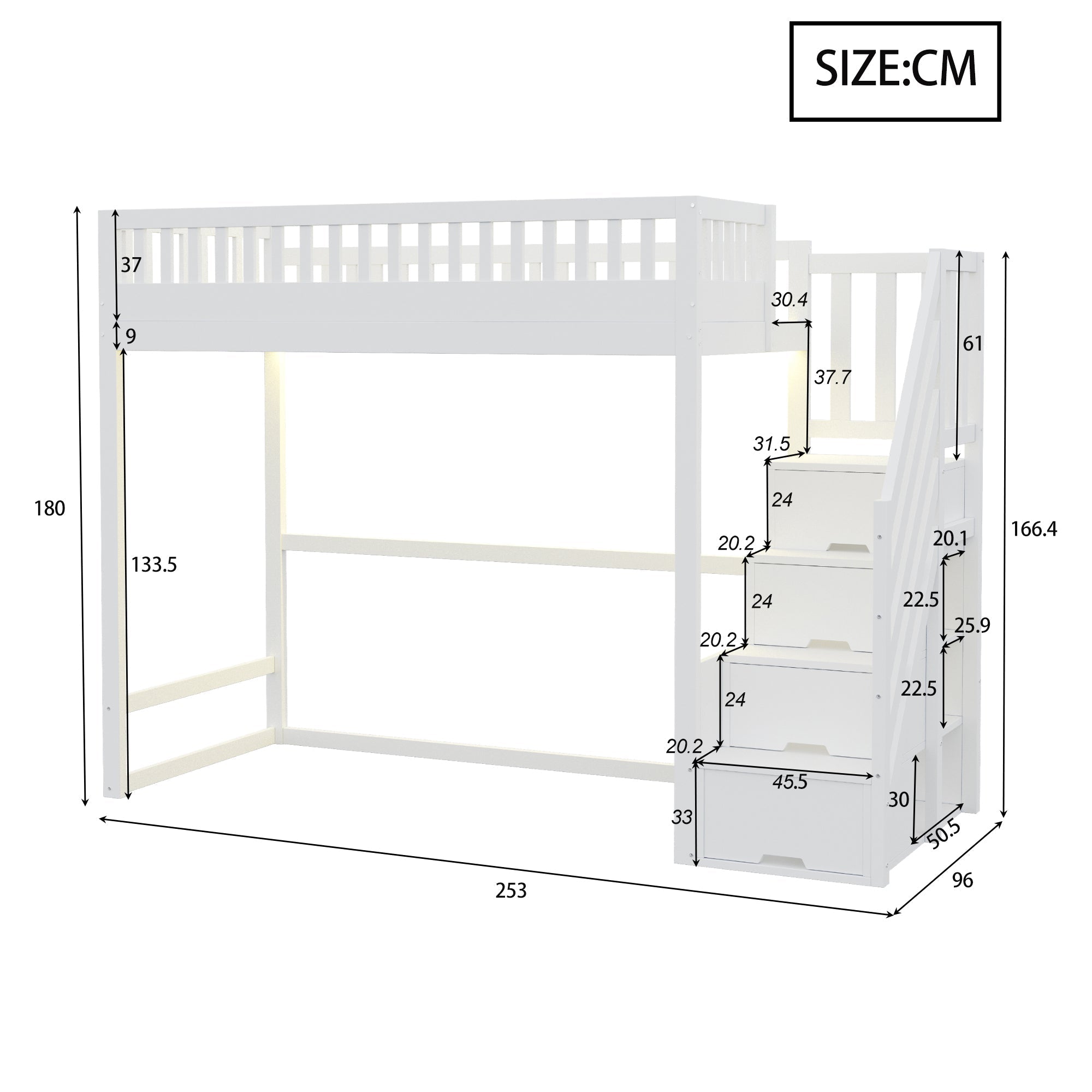 Loft Bed with LED Light Strip and Interchangeable Safety Ladders, 90x200cm, White Solid Pine Wood