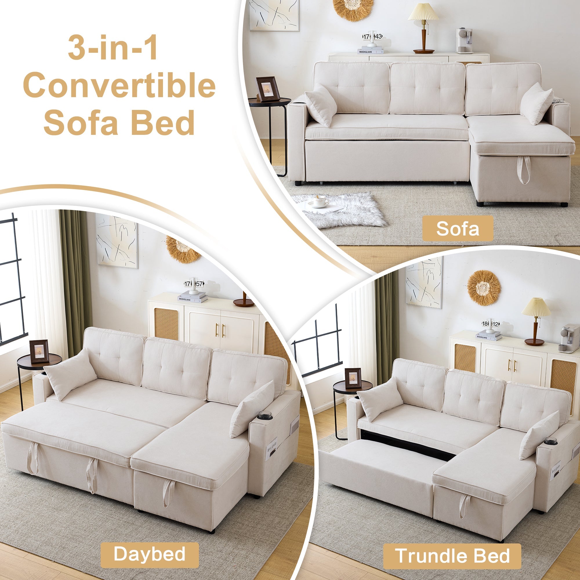 3-in-1 Convertible Sofa Bed with Storage Chaise, L-Shaped Sectional Daybed, Beige