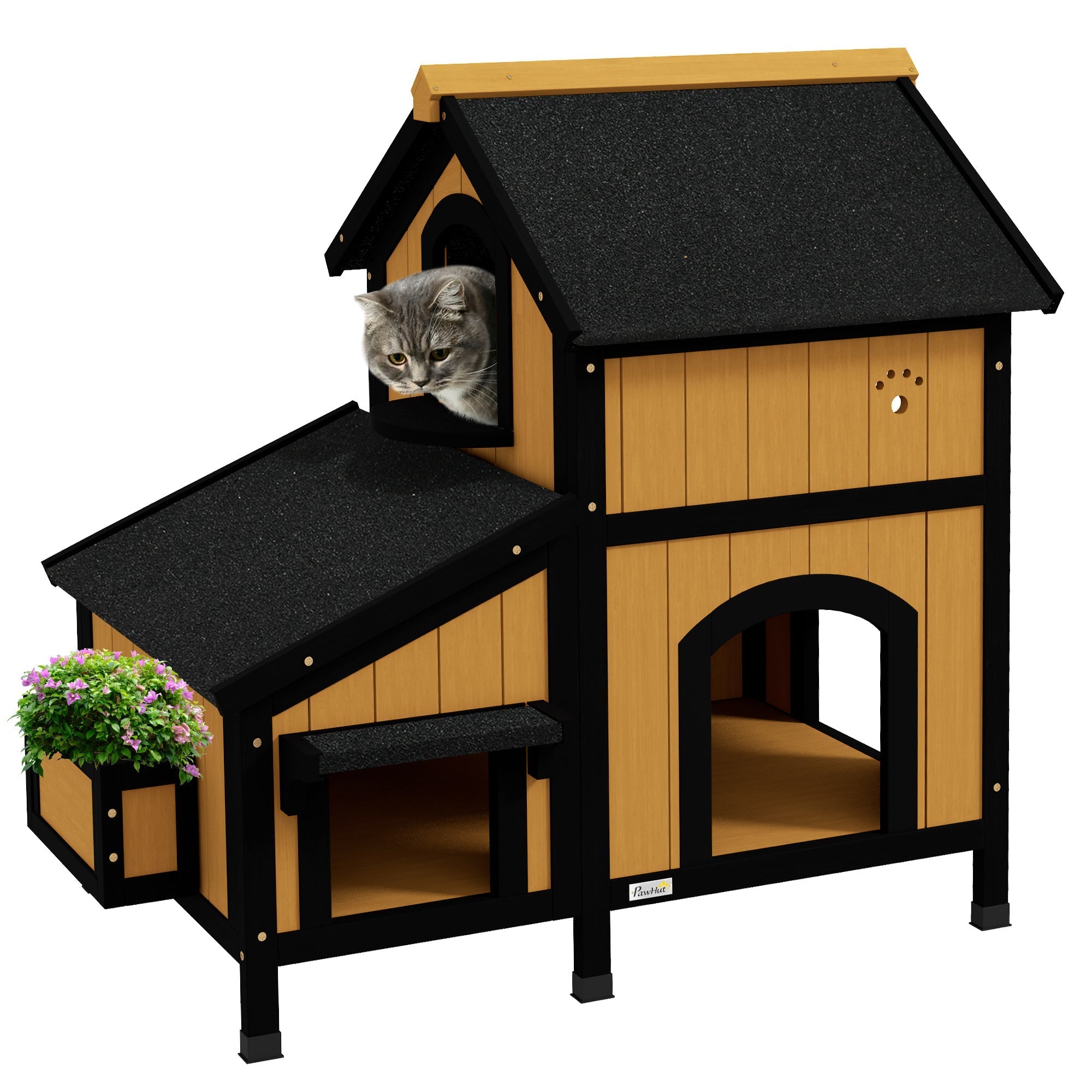 Katzenhaus, 2-stöckige Outdoor-Hütte mit Blumenkasten, Tannenholz Gelb