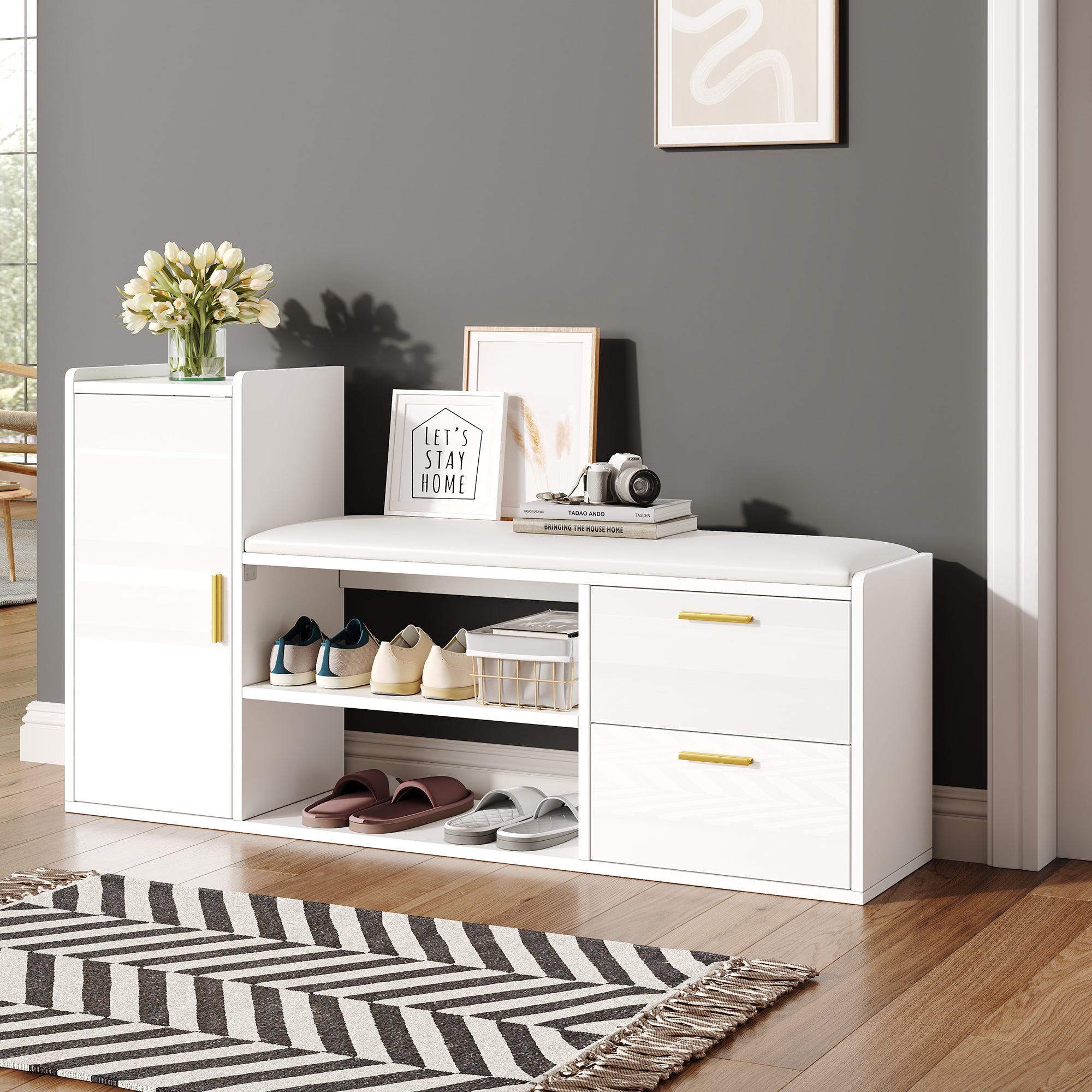 Shoe Cabinet 128x30x68cm with Bench, 2 Drawers, High-Gloss White