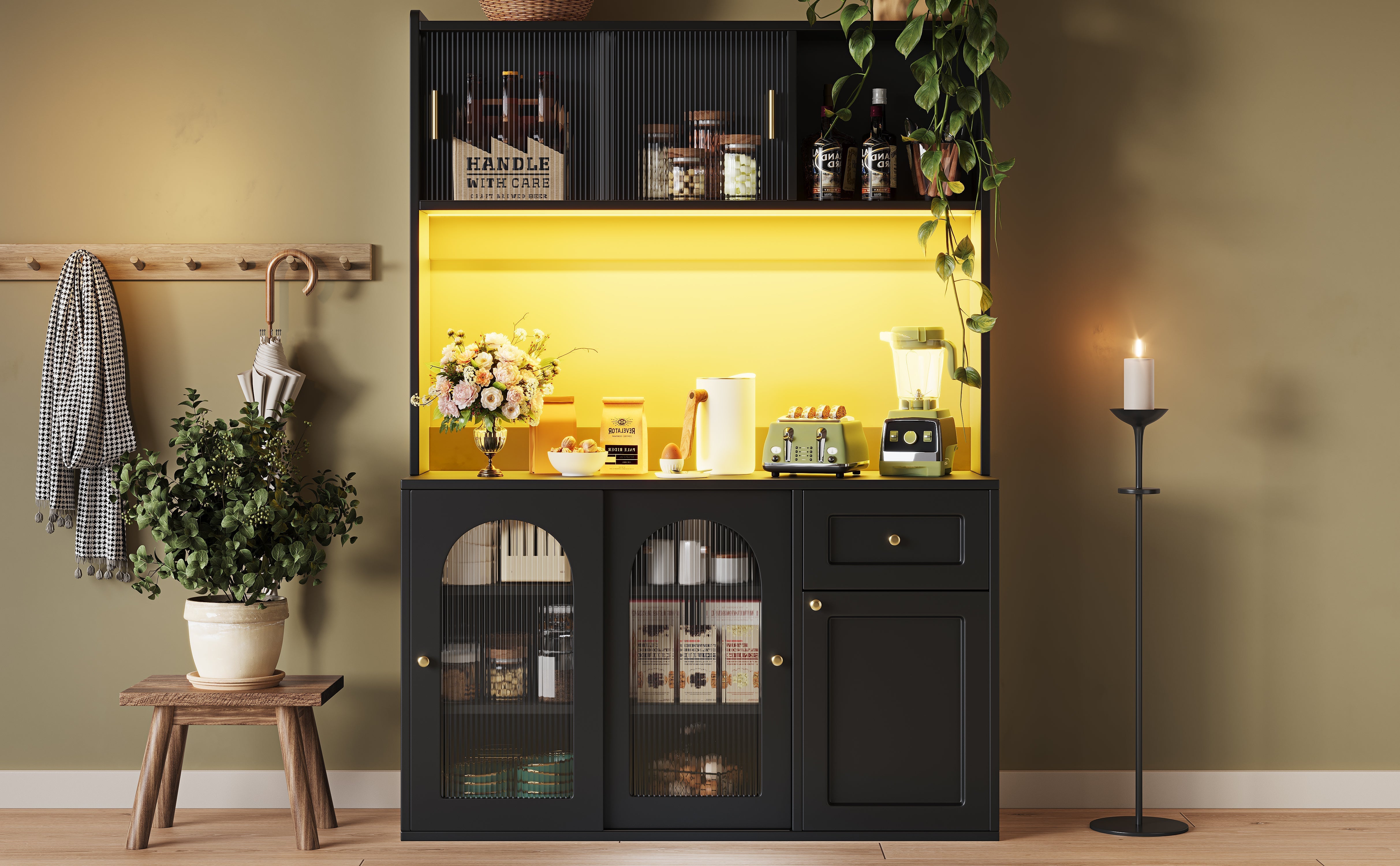 Kitchen Cabinet Tall Display Sideboard w/ Adjustable Shelves, LED Lighting, White/Black