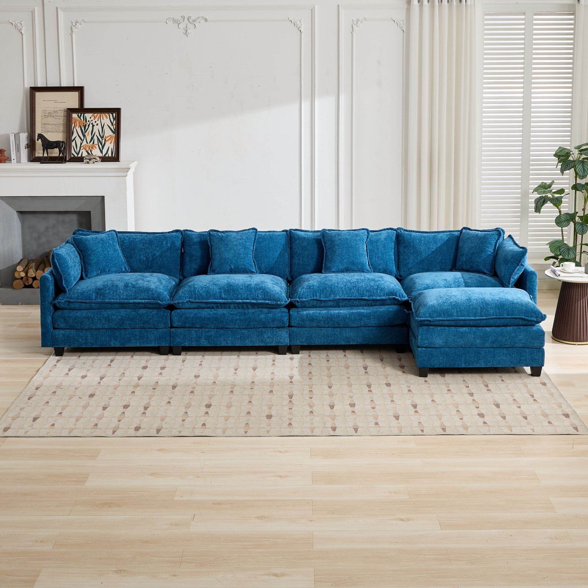 Cloud Sofa 4 Seats Sectional Couch with Double Layer Upholstered Cushion, Blue Chenille Fabric