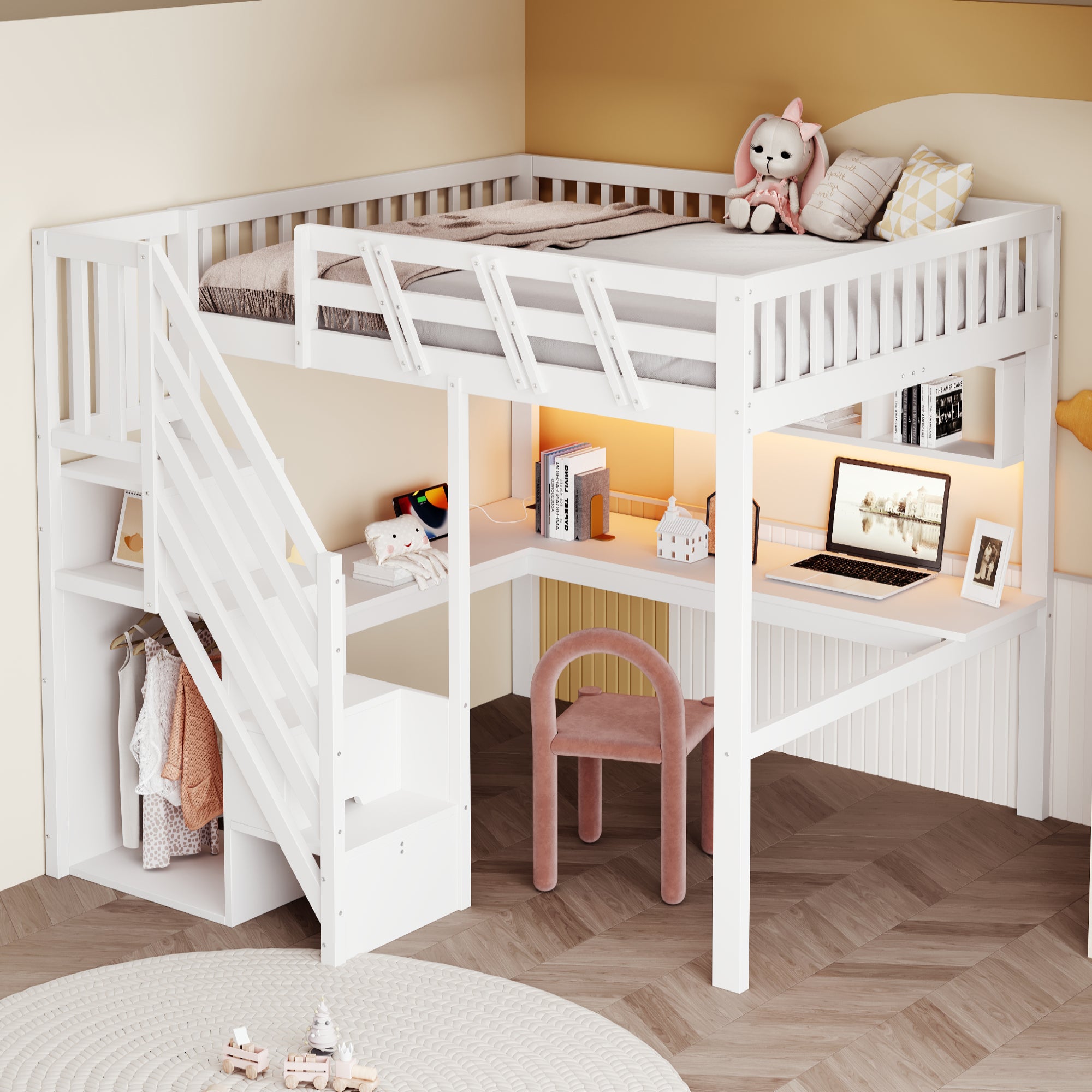 Solid Wood Loft Bed 140x200 with Desk, Storage Stairs, USB and LED, White