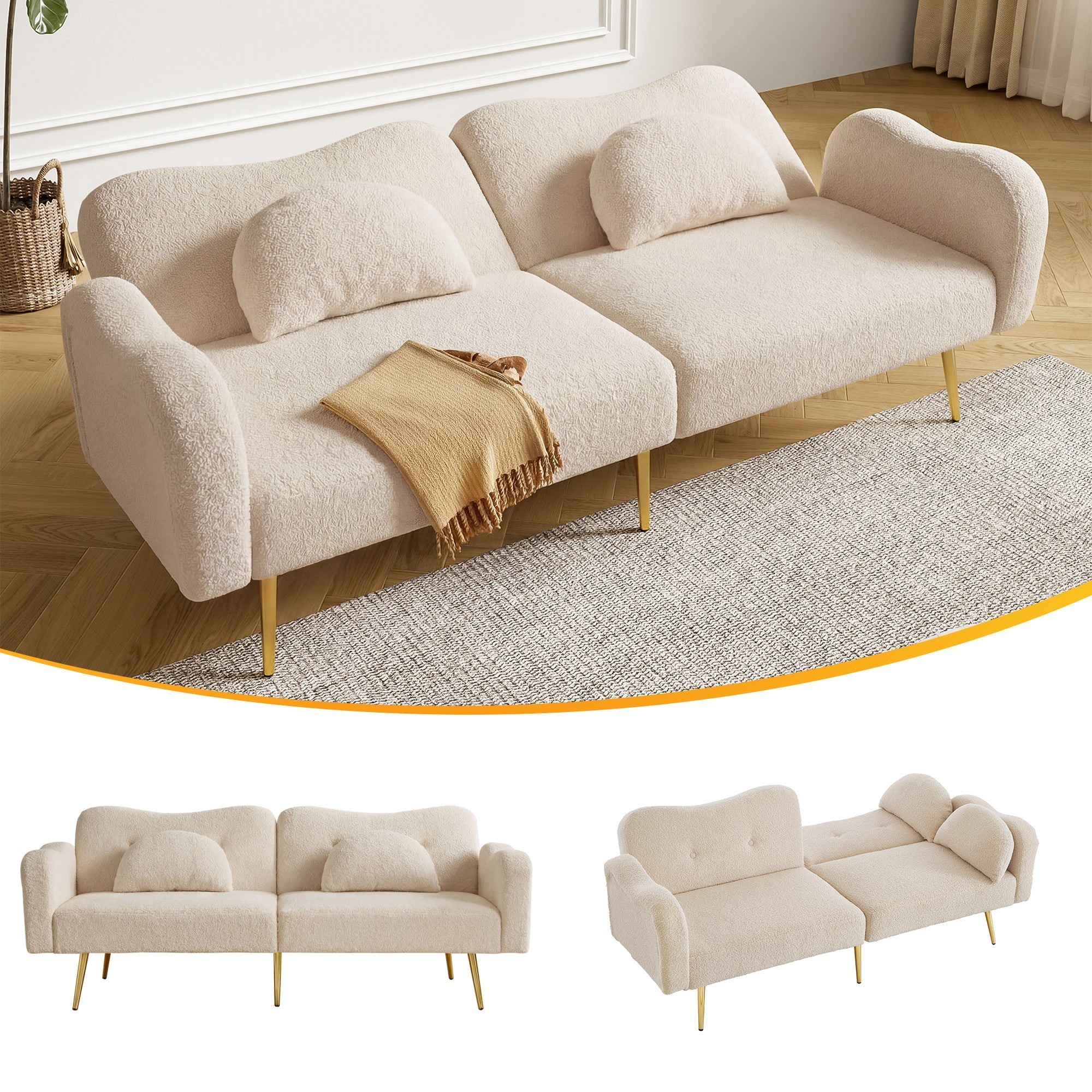 Sofa Bed 2-Seater Adjustable Backrest Gold Metal Feet