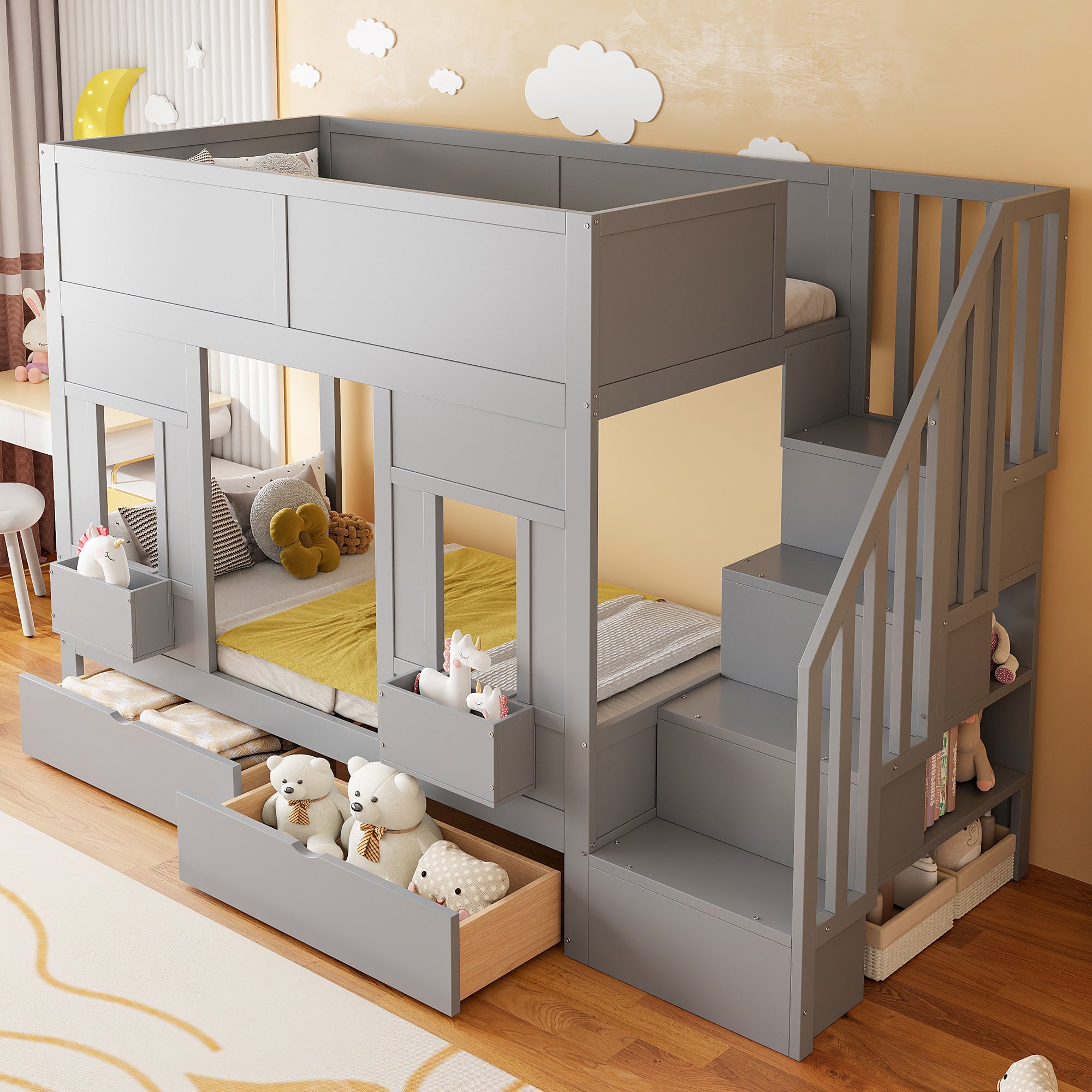Bunk Bed with Storage Stairs, Drawers, Windows and Safety Railing, 90x200cm, Wood
