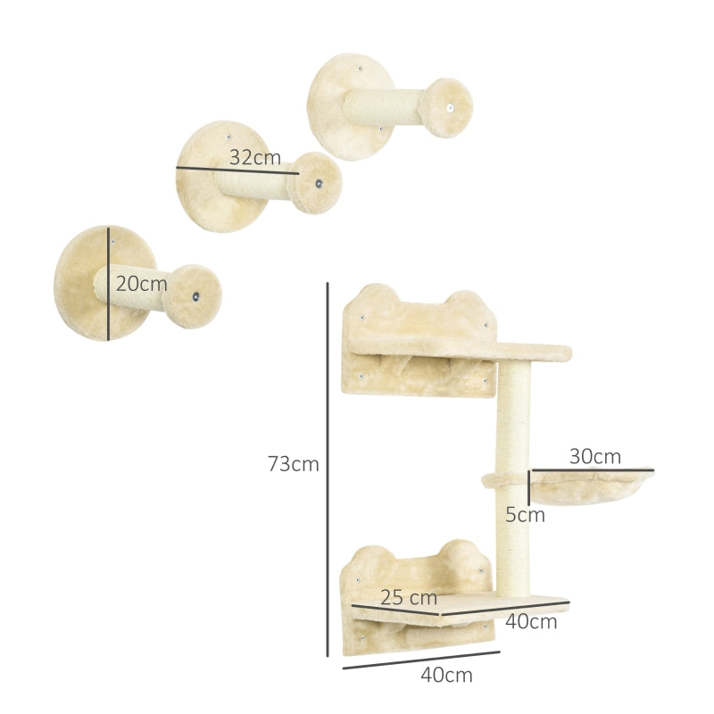 Kletterstufen für Katzen, 4-teiliges Wandtreppen-Set mit Kratzbaum & Hängematte, Beige/Cremeweiß