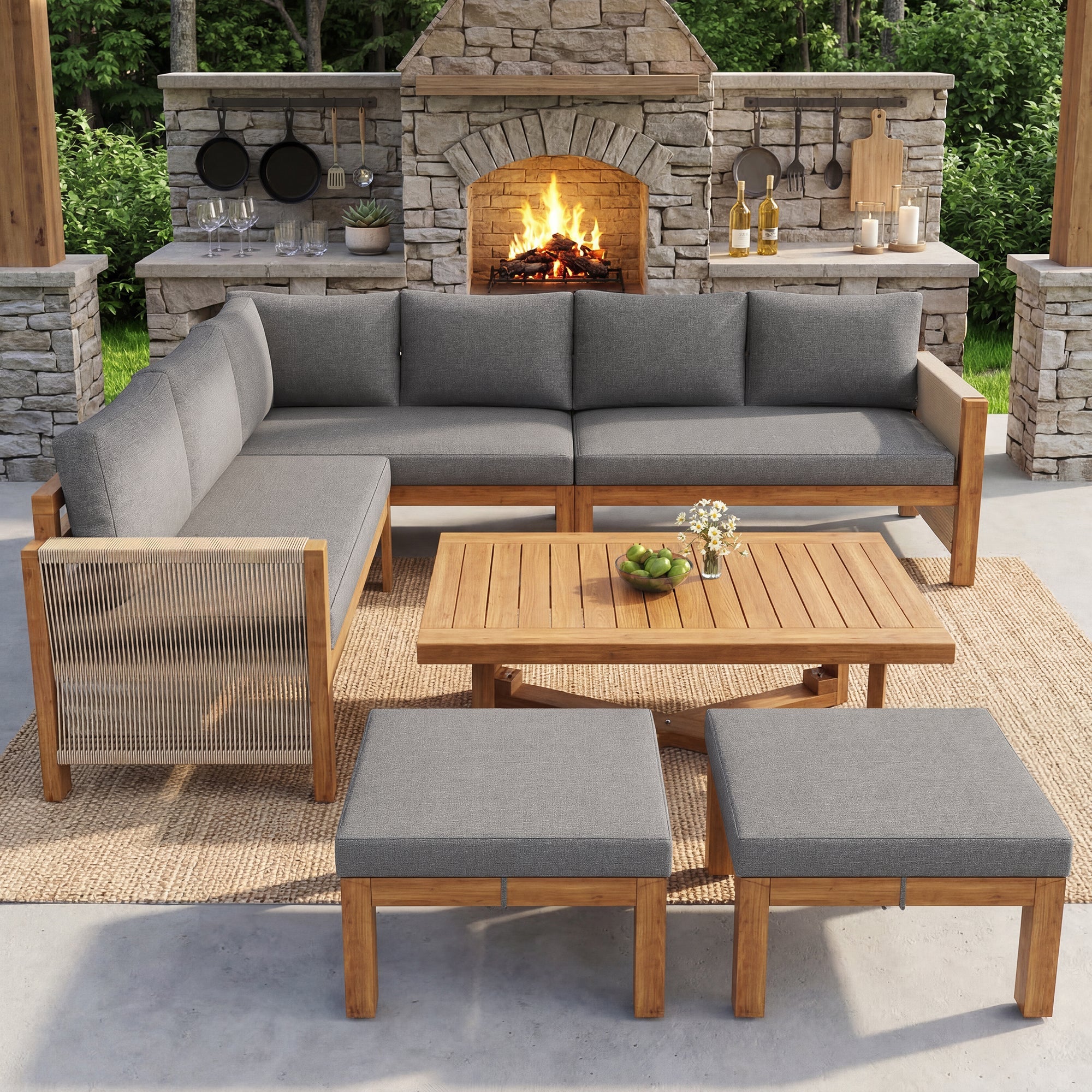 Modular Garden Furniture Set, 6-Seater Corner Sofa with 2 Stools and Table, Acacia Wood