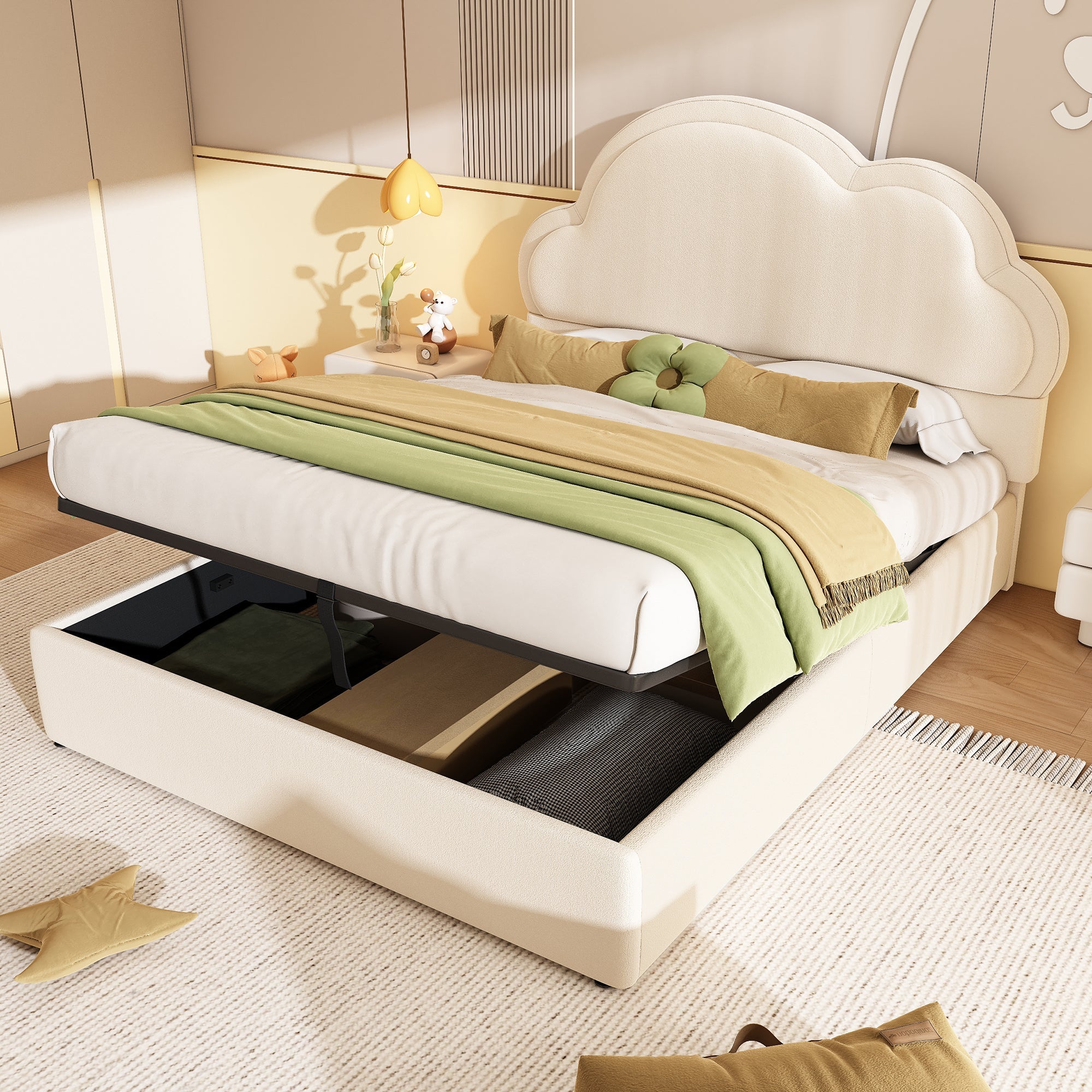 Upholstered Bed Hydraulic Storage Double 4ft6 Cloud Velvet Beige