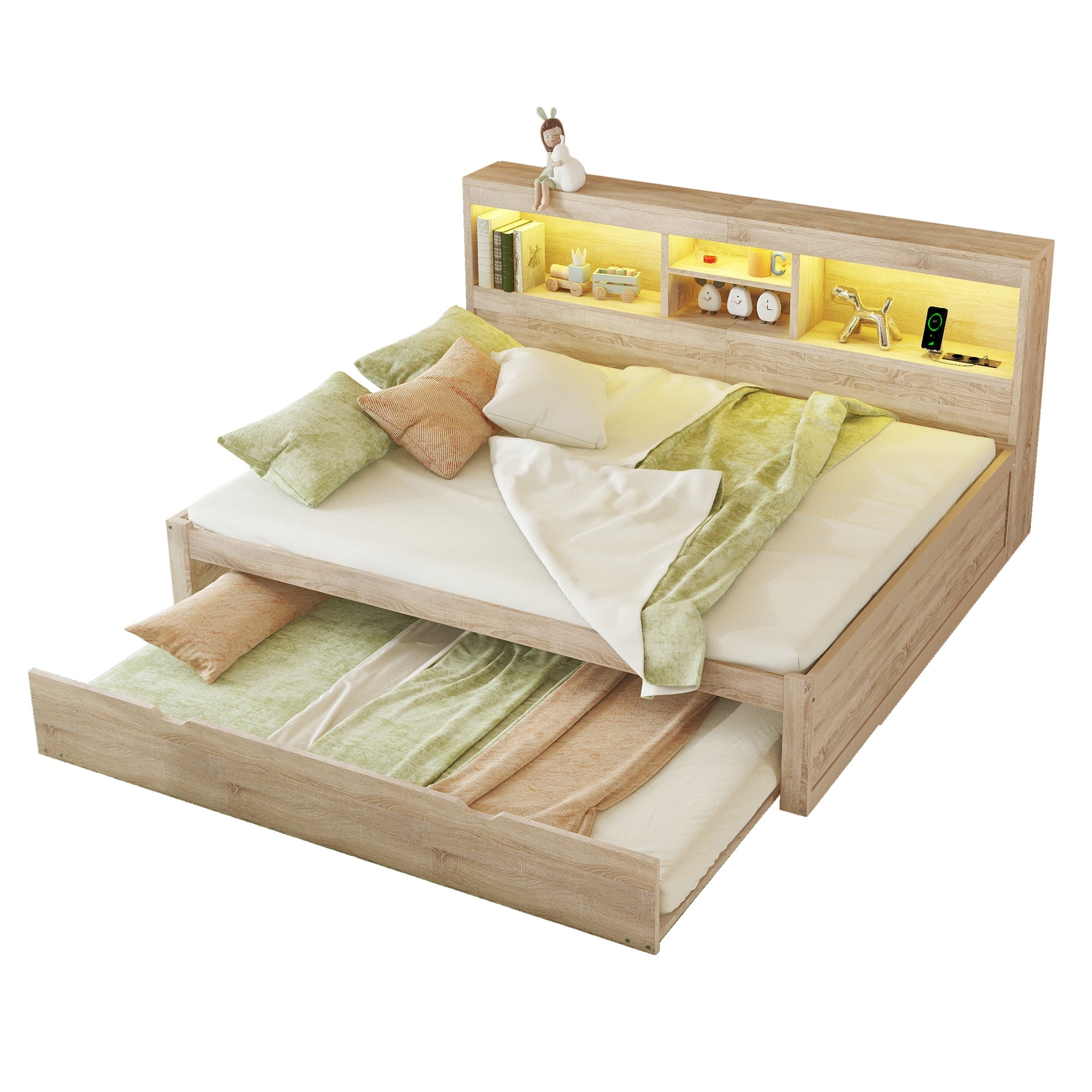 Daybed Sofa Bed 140x200cm Pull-out Bed LED Storage USB/Outlet - Natural