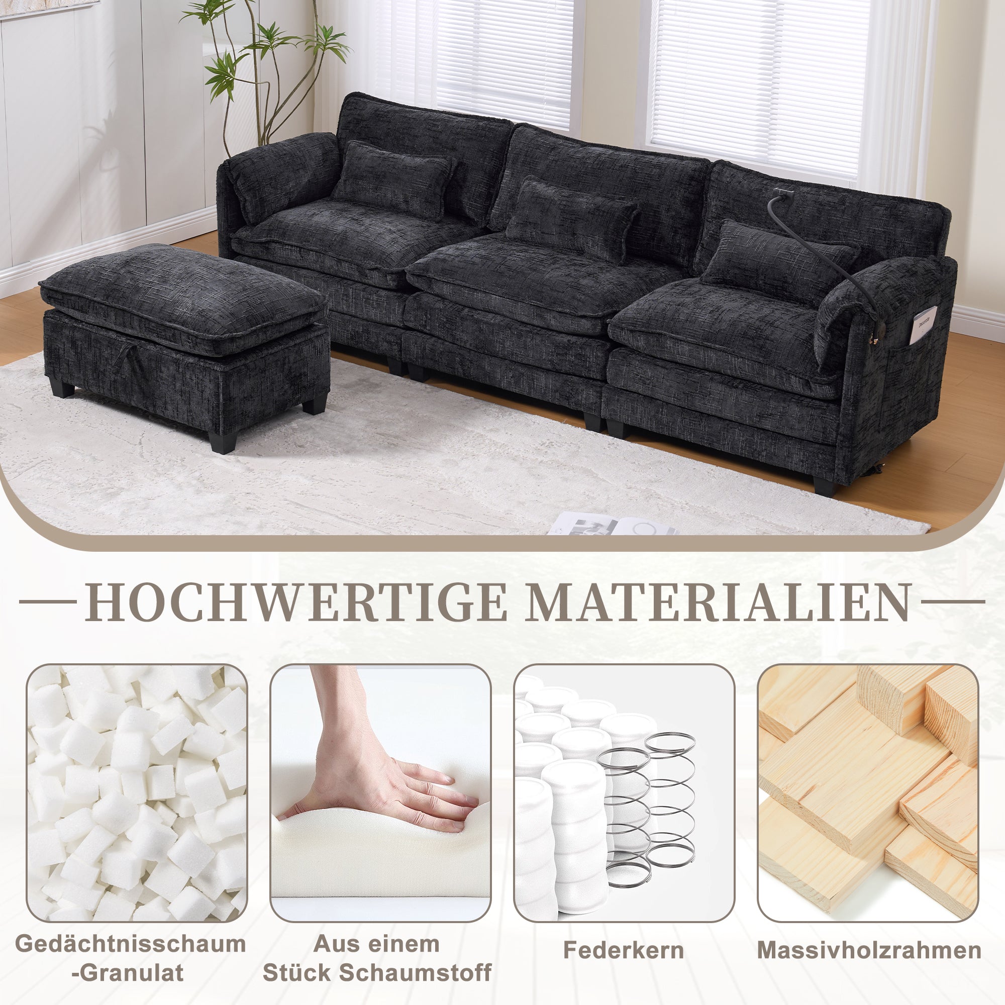 2-Seater Sofa USB Port Modular Footstool - Chenille Black