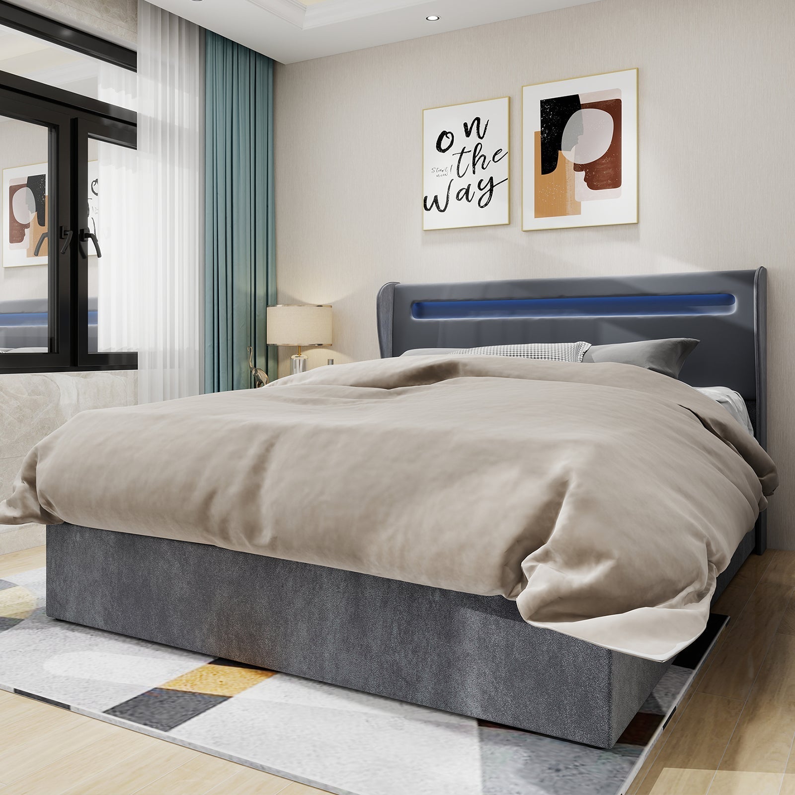 Modern Minimalist Upholstered Bed, LED Headboard, 160x200cm, Grey