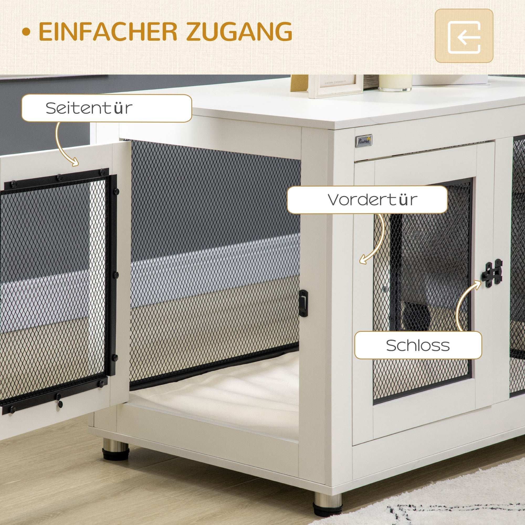 Dog Cage with Table Top, Cushion, 2 Doors, White+Black