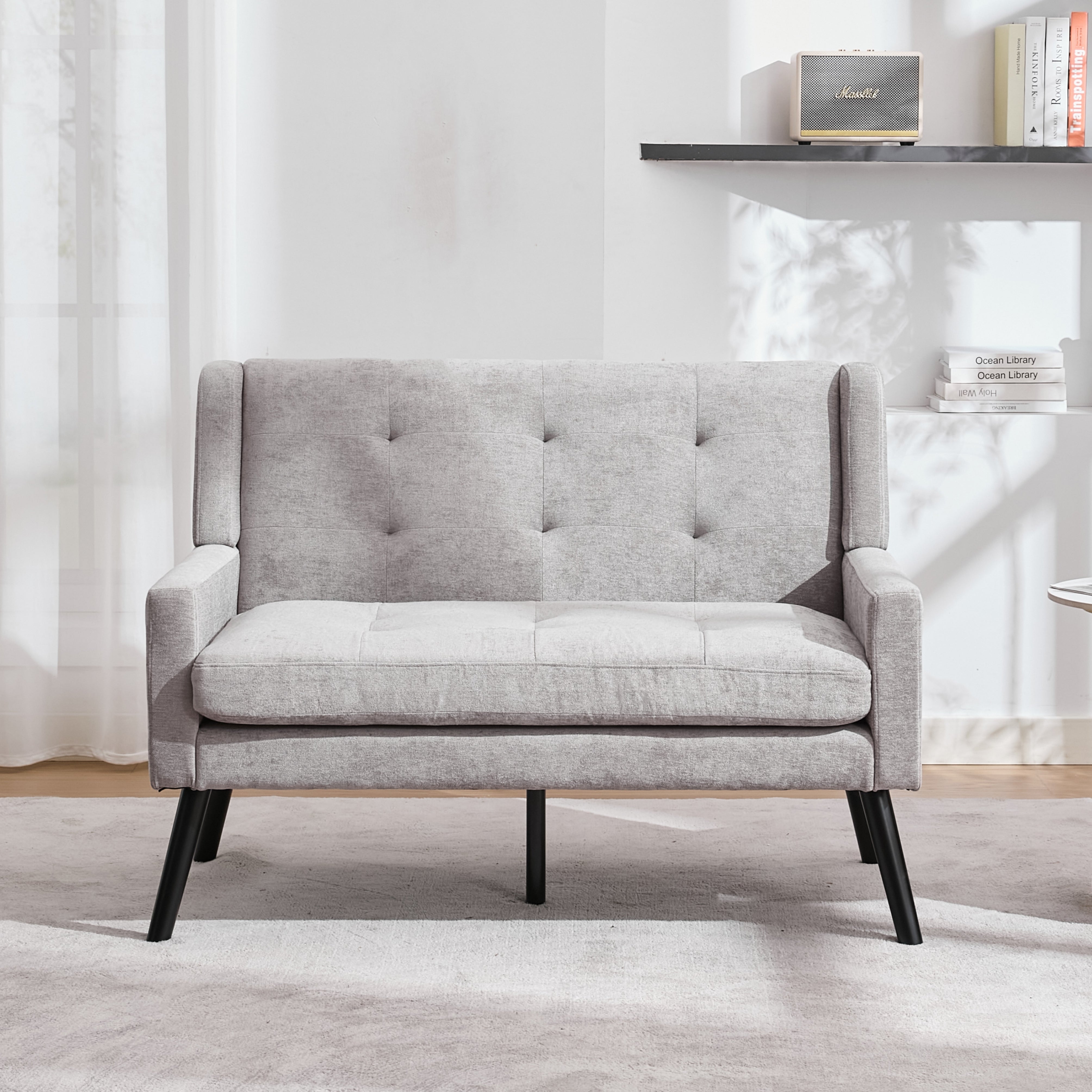 2-Seater Linen Bench with Button Tufting and Solid Wood Legs, Natural Linen