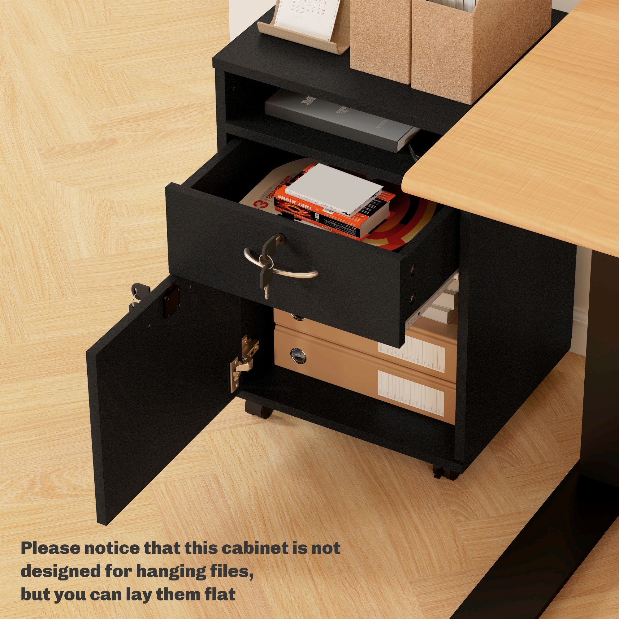 Filing Cabinet 60cm Drawer Open Shelf Mobile Two Locks Black