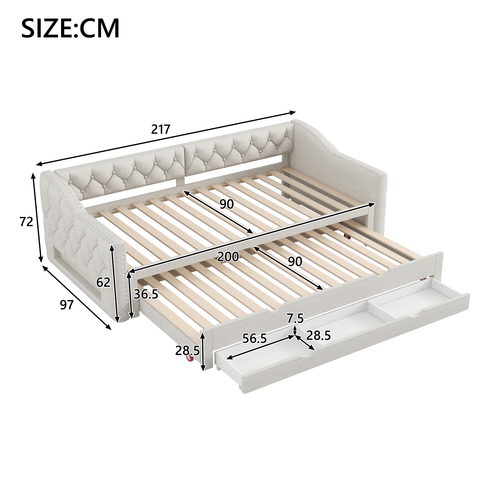 Upholstered Daybed 90x200 LED Pull-Out Bed 3 Drawers - Beige