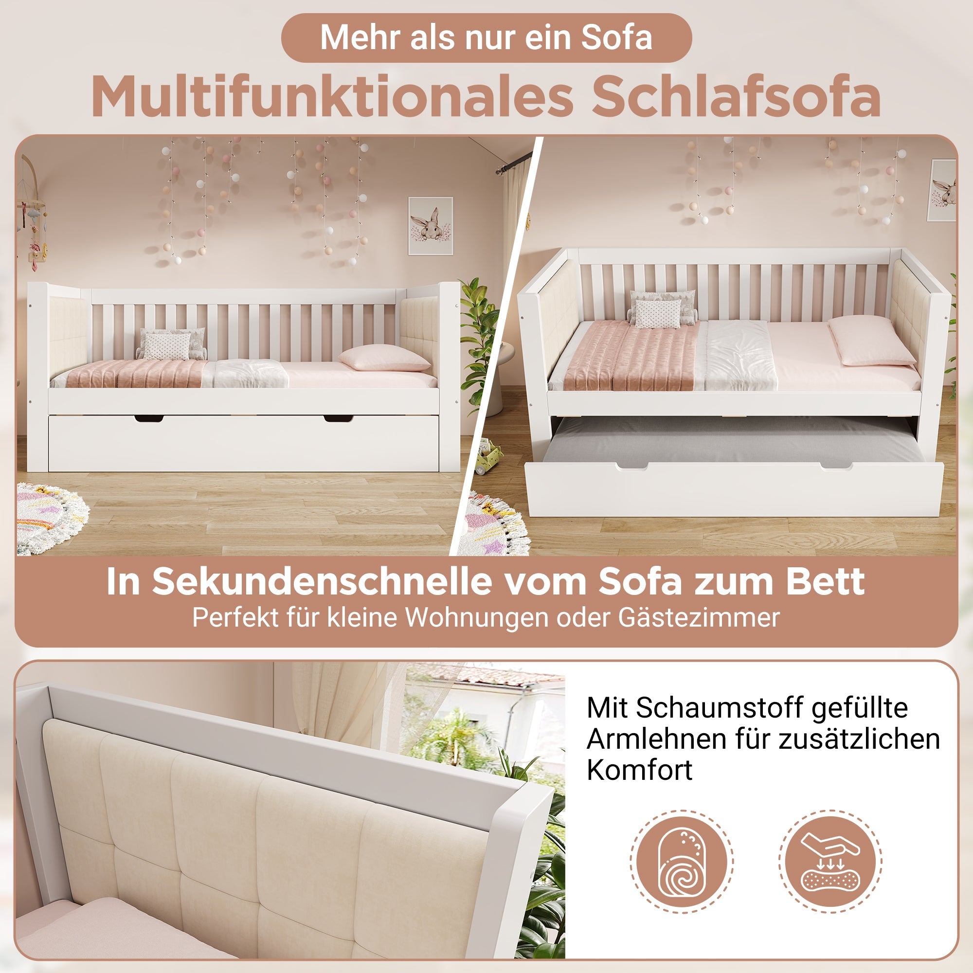 Daybed with Pull-out Bed, 90x200cm and 90x190cm, Space-Saving Wood, White