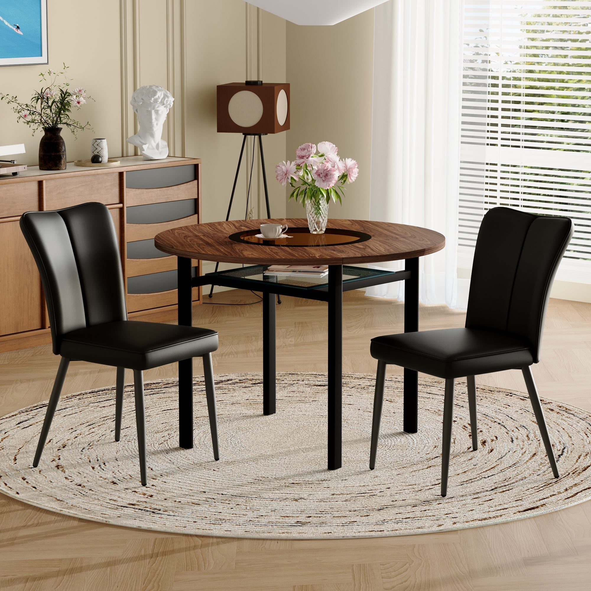 Dining Table Set Round 100cm Wood Look 2 Chairs - Black PU