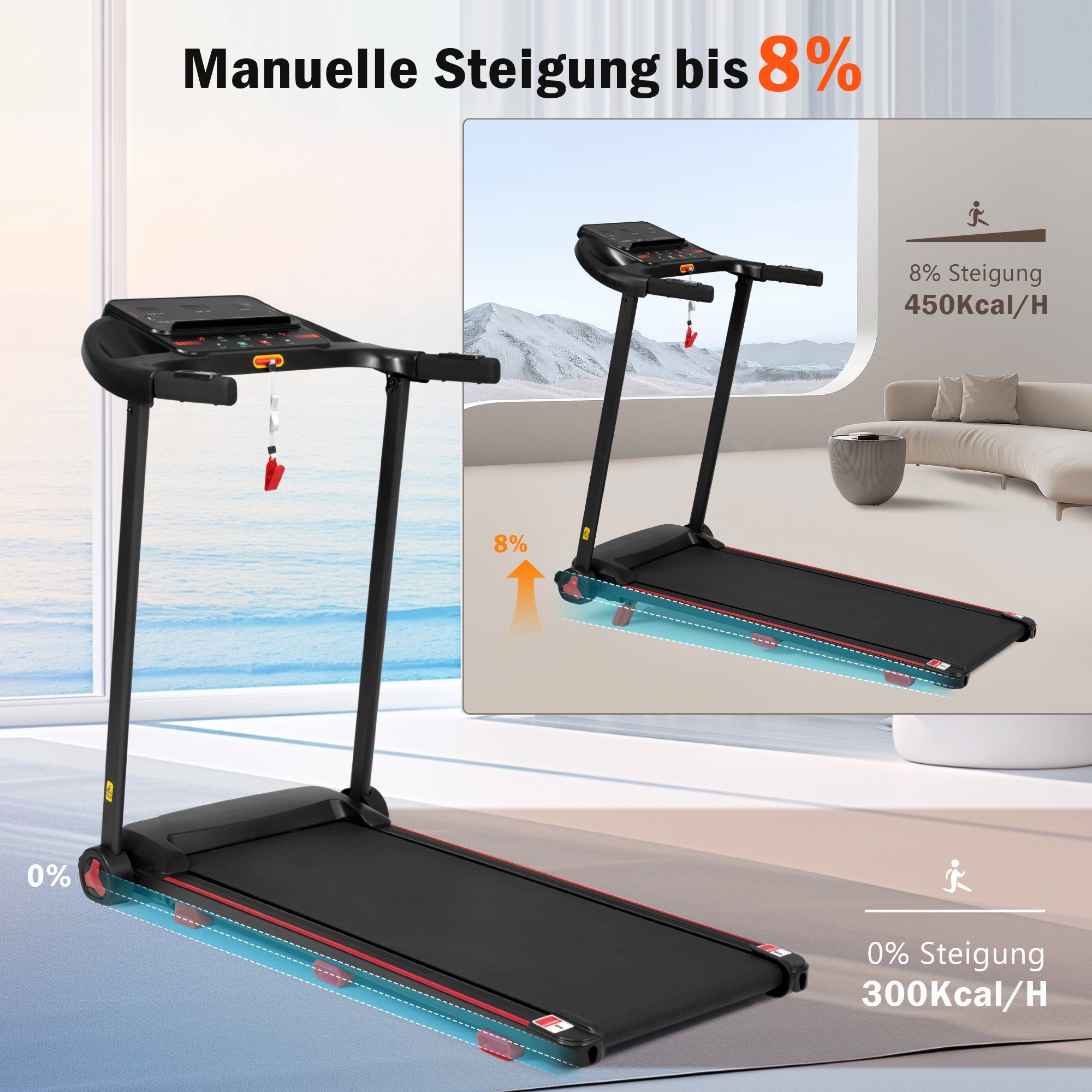 Treadmill for Home, Foldable 8% Incline 3.0 HP 120kg Max Load, Black