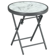Folding Side Table, Round Glass Marble Look 45x50cm, White