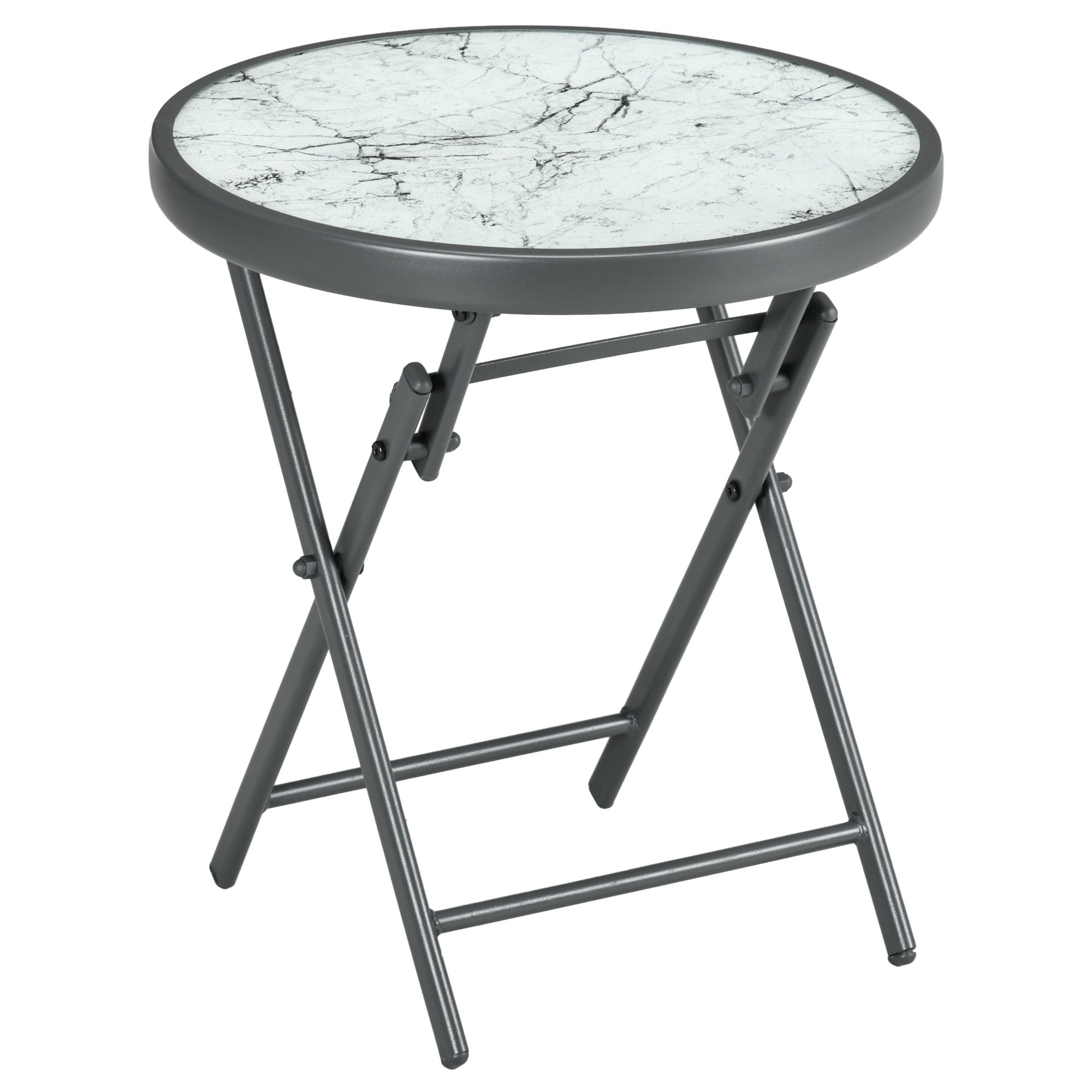 Folding Side Table, Round Glass Marble Look 45x50cm, White