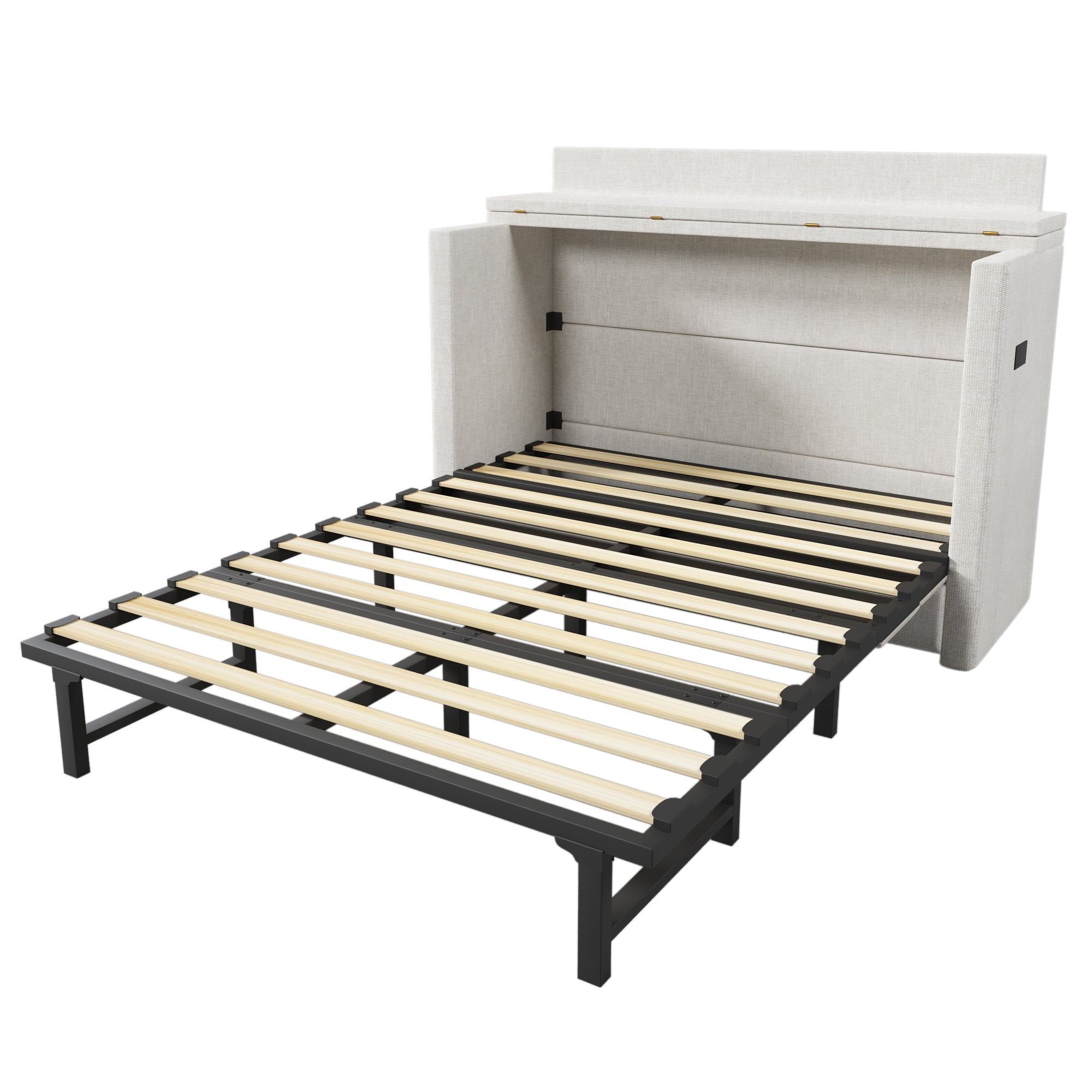 Wall Bed with Storage Drawer, USB Ports and Convertible Platform, Beige Linen