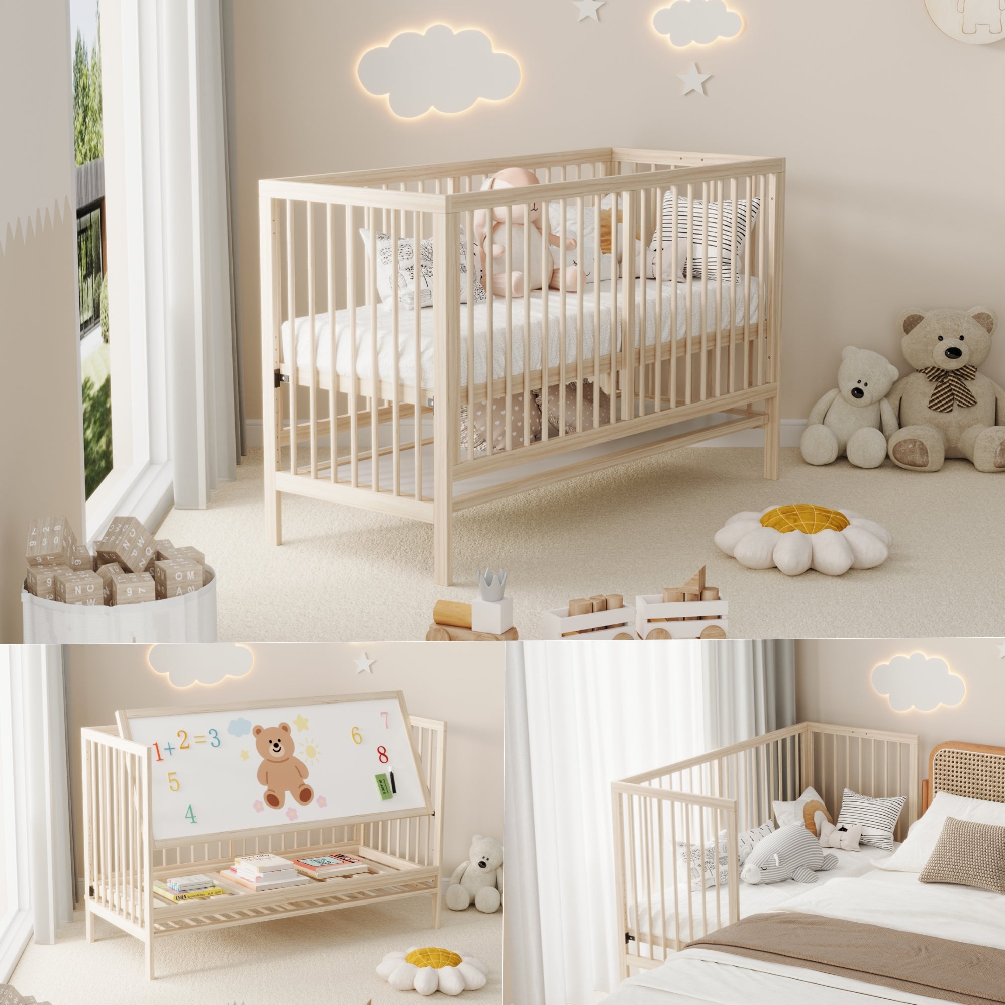 Wooden Baby Bed, Multifunctional Convertible Side Bed/Desk, Spruce, Natural Color
