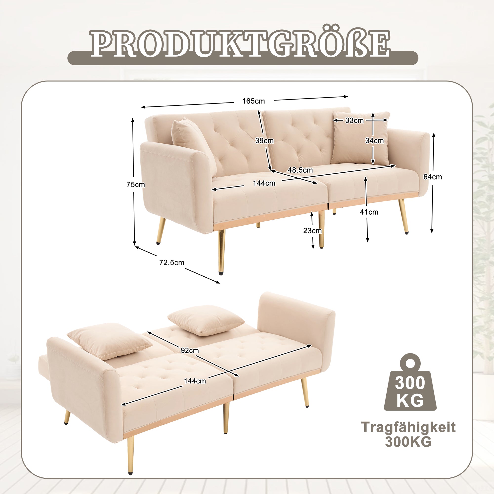 Double Sofa, Modern Velvet Sofa Bed with Adjustable Backrest, Beige