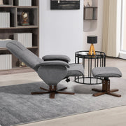 Linen Recliner Chair and Footstool, Swivel Reclining with Wooden Base, Grey