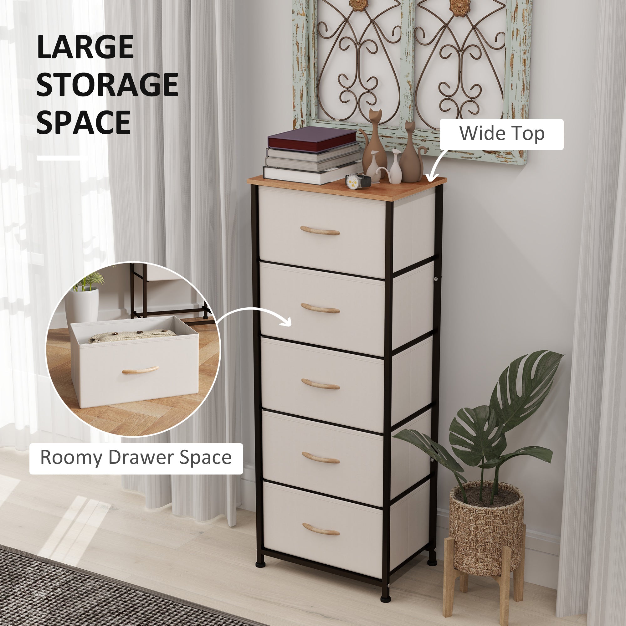 Fabric Chest of Drawers, Industrial 5 Drawer Dresser with Steel Frame, Cream White