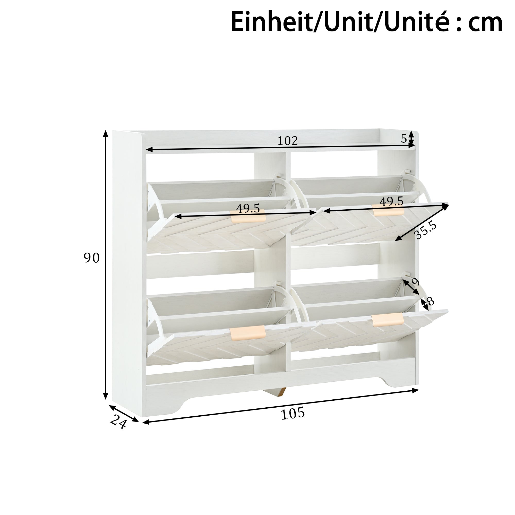 Shoe Cabinet with 4 Flip Drawers, 3D Textured Front and Top Shelf, White Particle Board