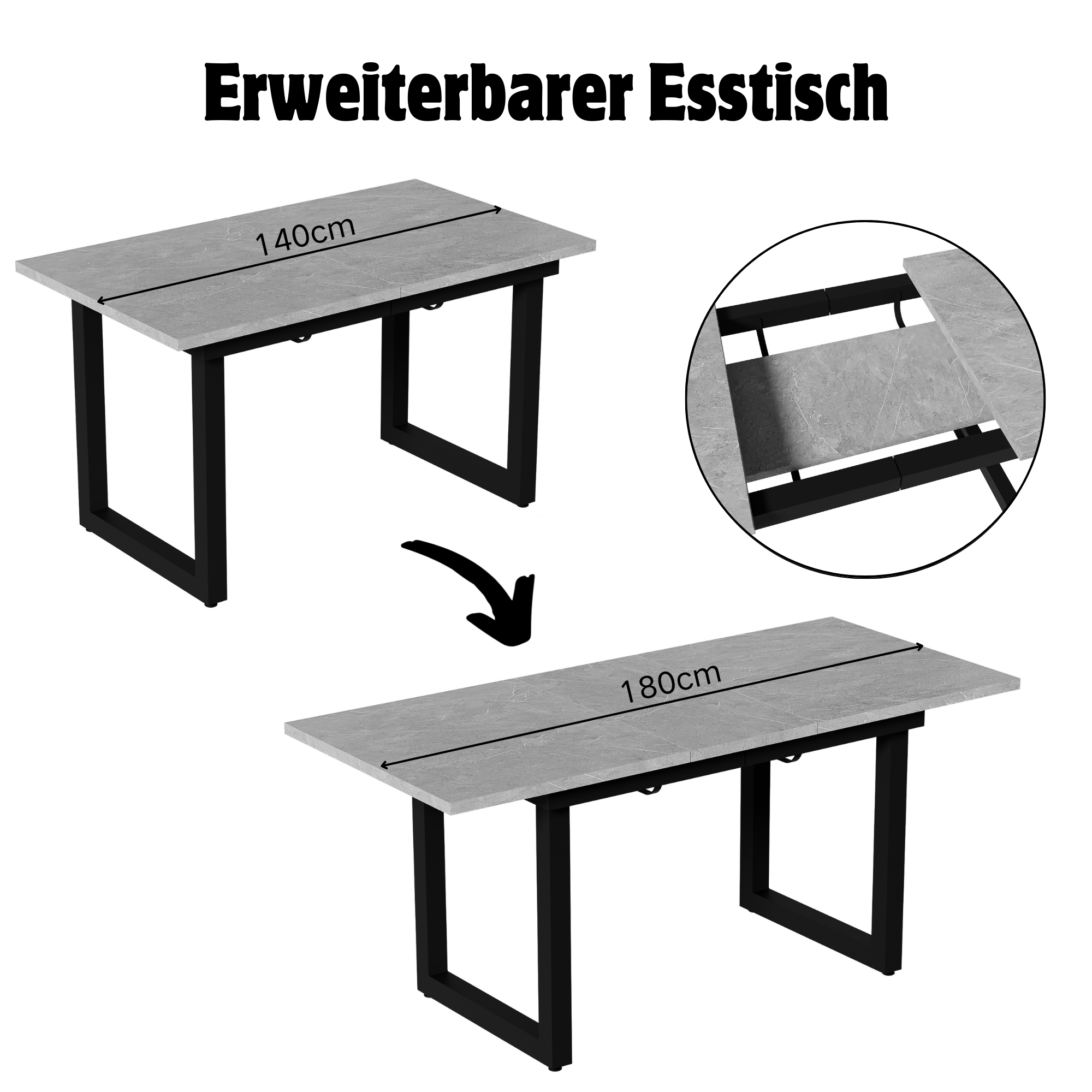 Extendable Dining Table 140/180cm Rectangular Industrial Style - Concrete Look/Black