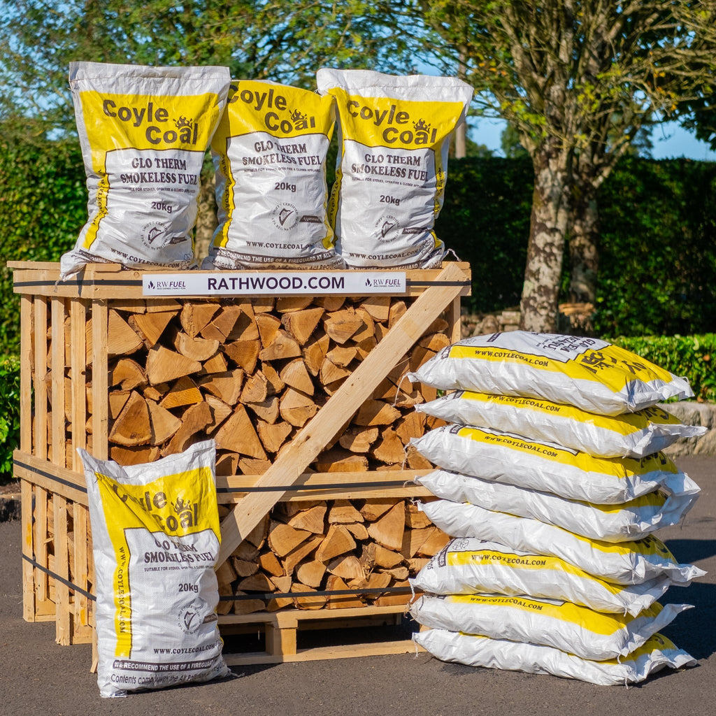 12 x 20kg Glotherm Coal and Hardwood Firewood 1.55m³ - 625kg Kiln Dried (4 Row) Pallet - Rathwood Store
